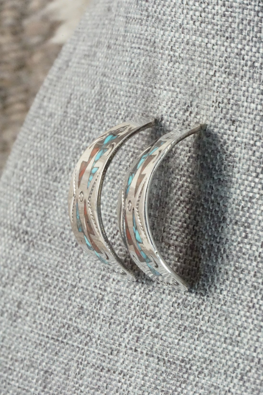Coral & Turquoise Chip Inlay Sterling Silver Earrings - Jolene Yazzie