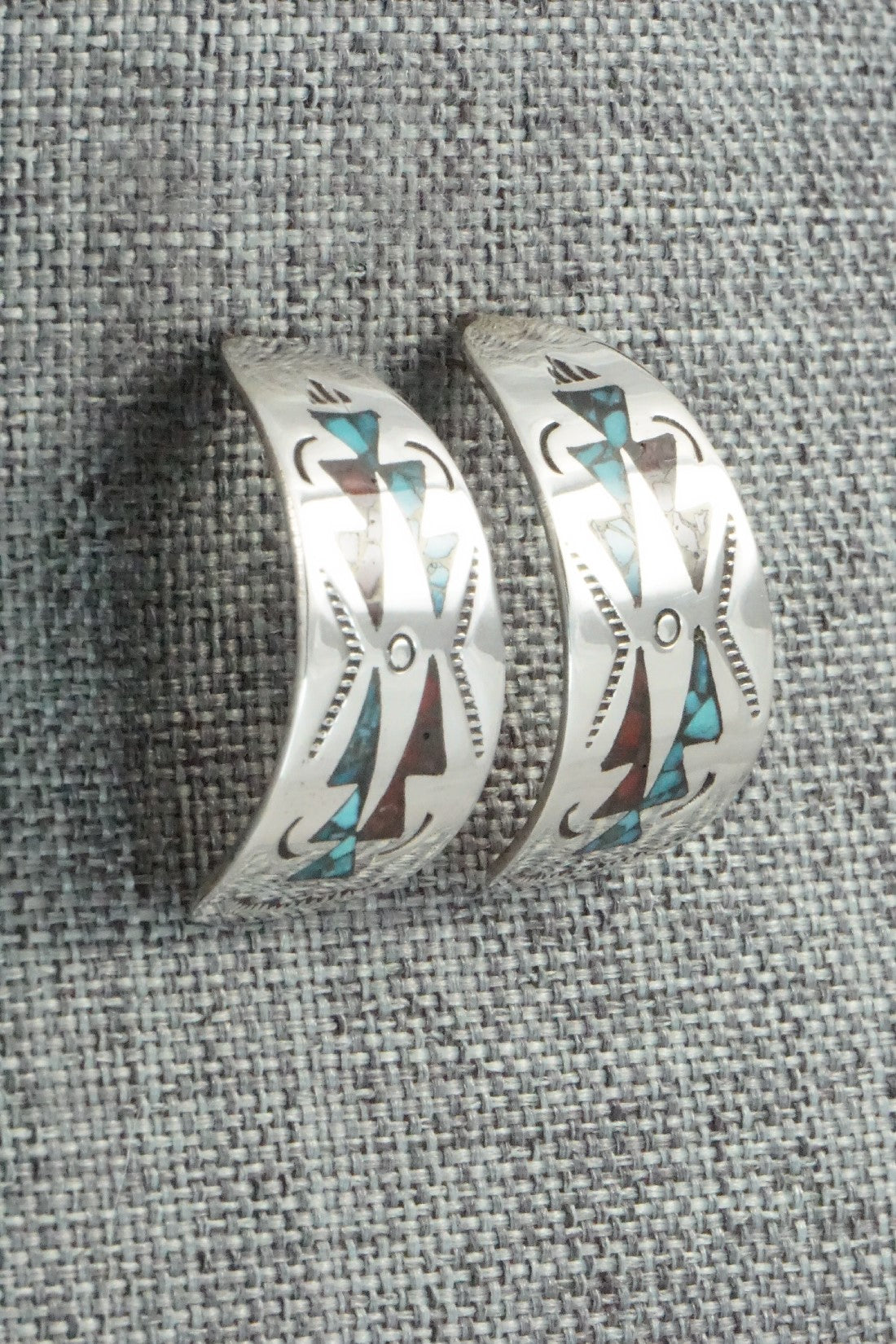 Coral & Turquoise Chip Inlay Sterling Silver Earrings - Jolene Yazzie