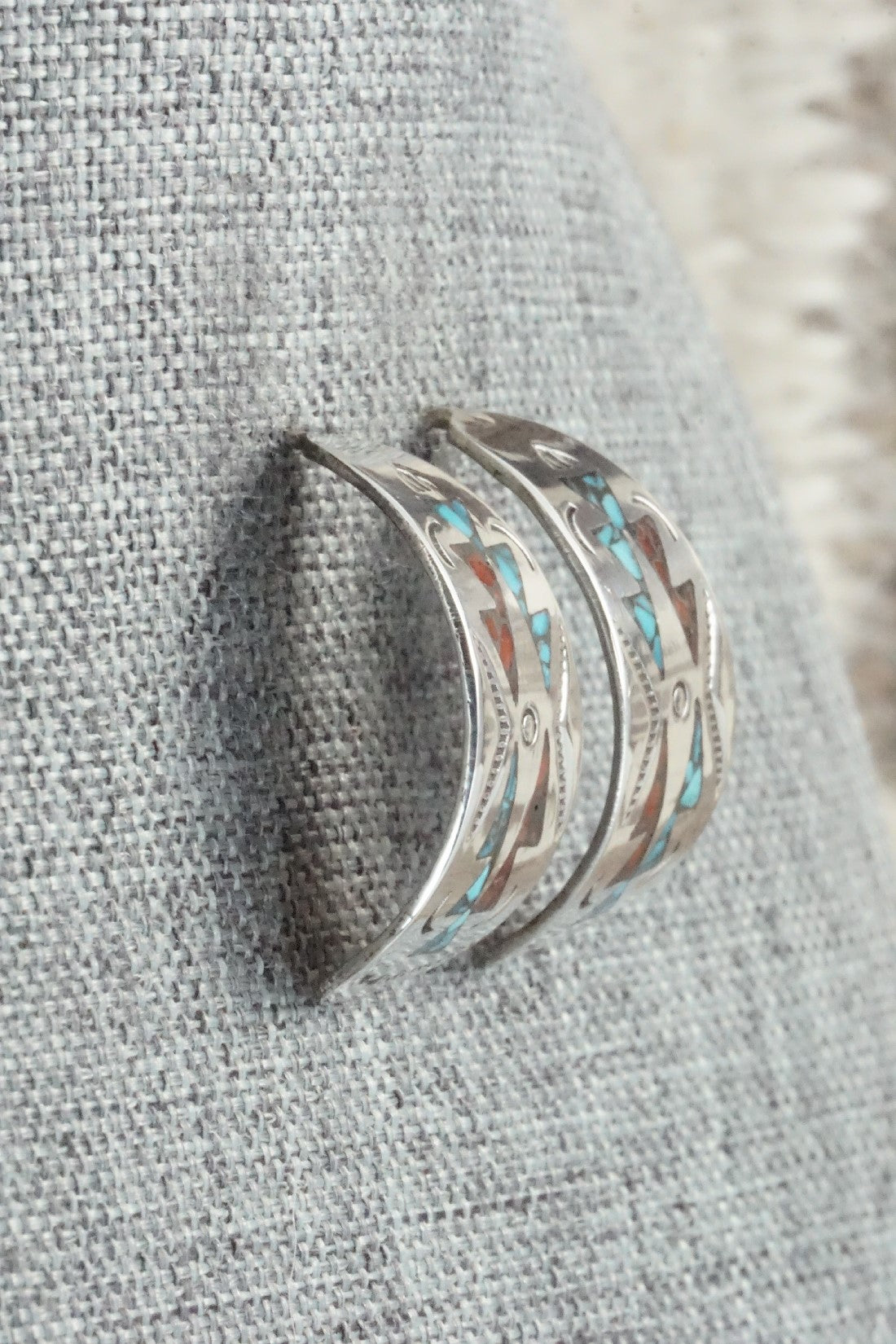 Coral & Turquoise Chip Inlay Sterling Silver Earrings - Jolene Yazzie