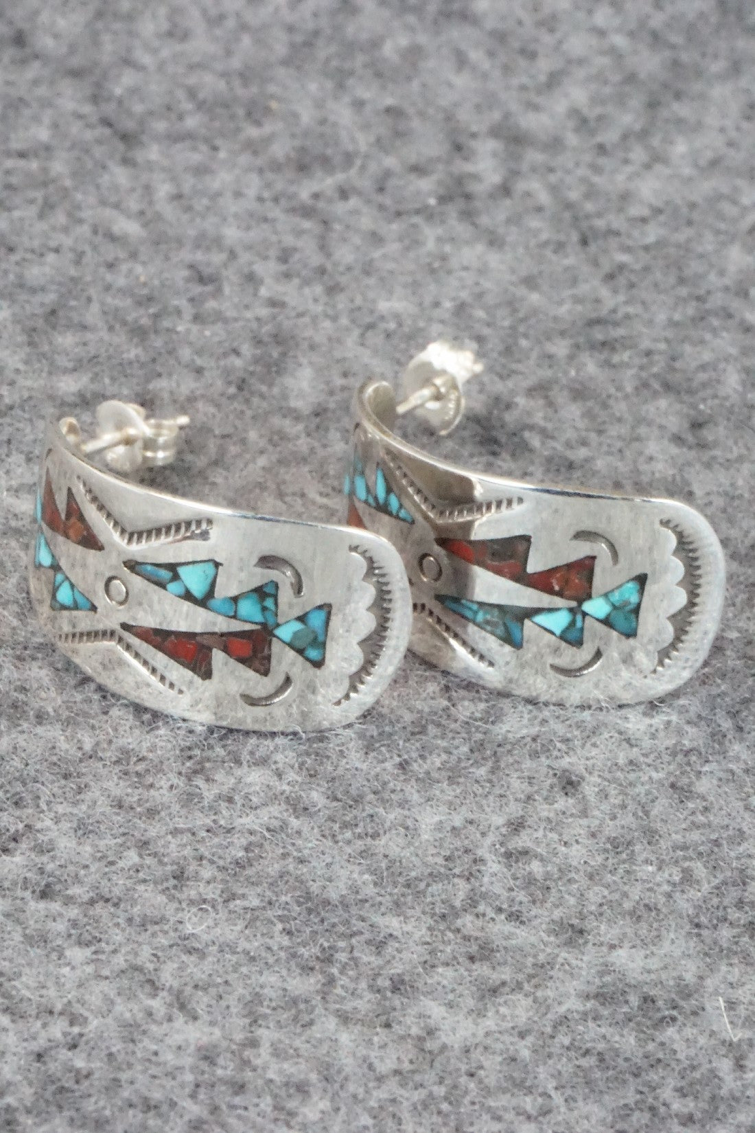 Coral & Turquoise Chip Inlay Sterling Silver Earrings - Jolene Yazzie