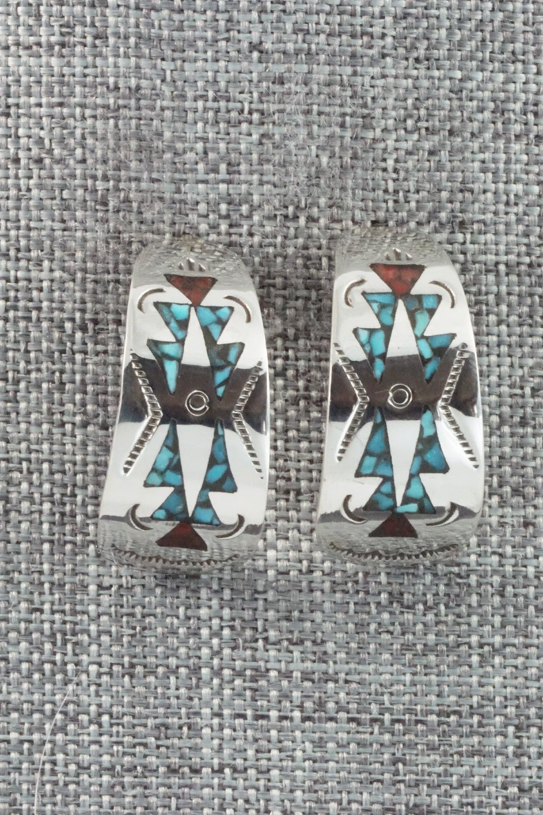 Coral & Turquoise Chip Inlay Sterling Silver Earrings - Jolene Yazzie