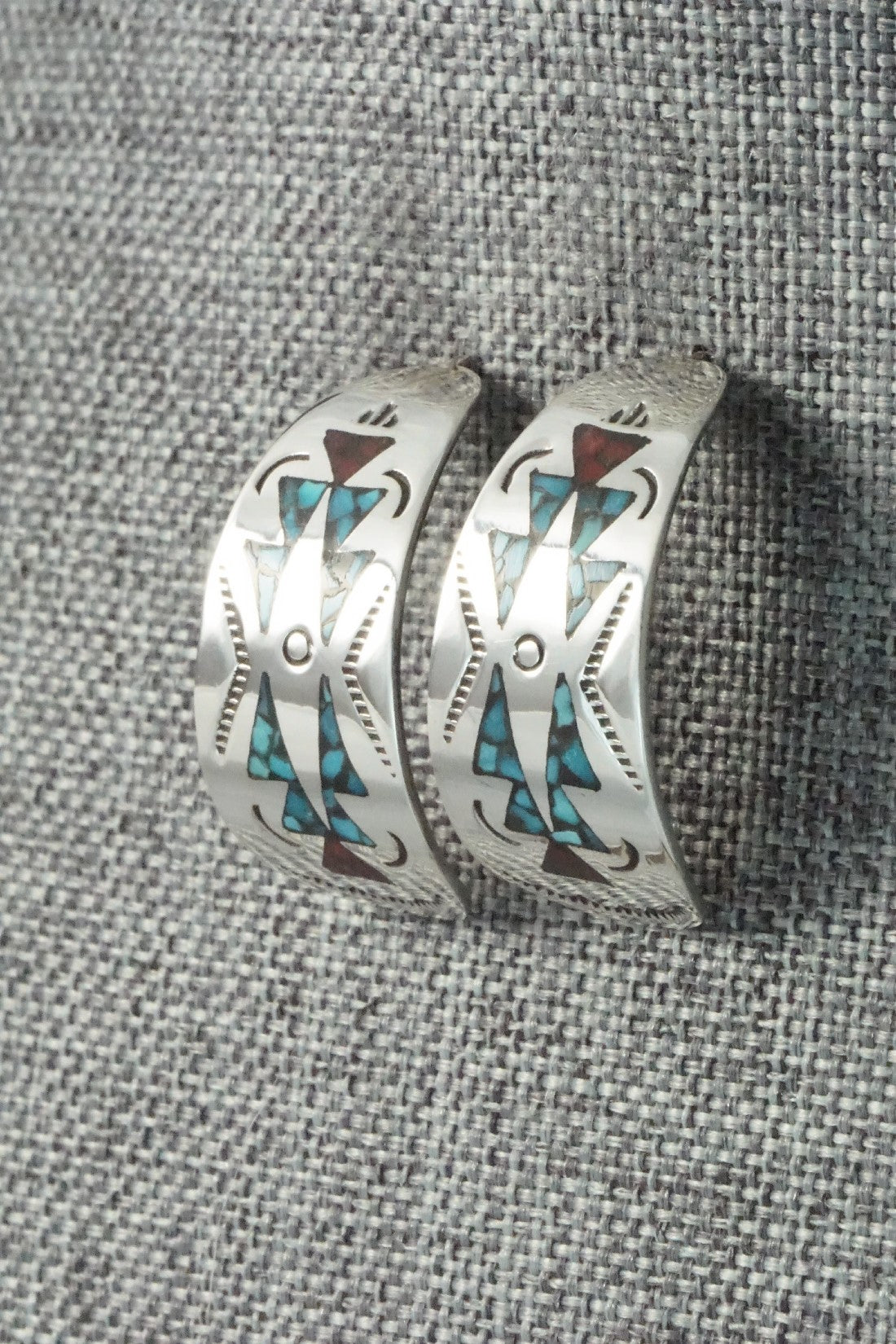 Coral & Turquoise Chip Inlay Sterling Silver Earrings - Jolene Yazzie