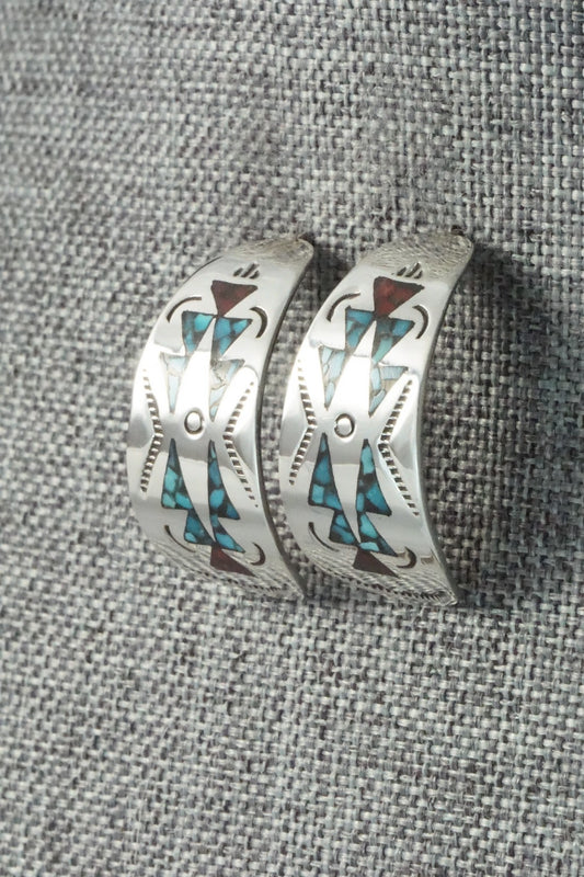 Coral & Turquoise Chip Inlay Sterling Silver Earrings - Jolene Yazzie