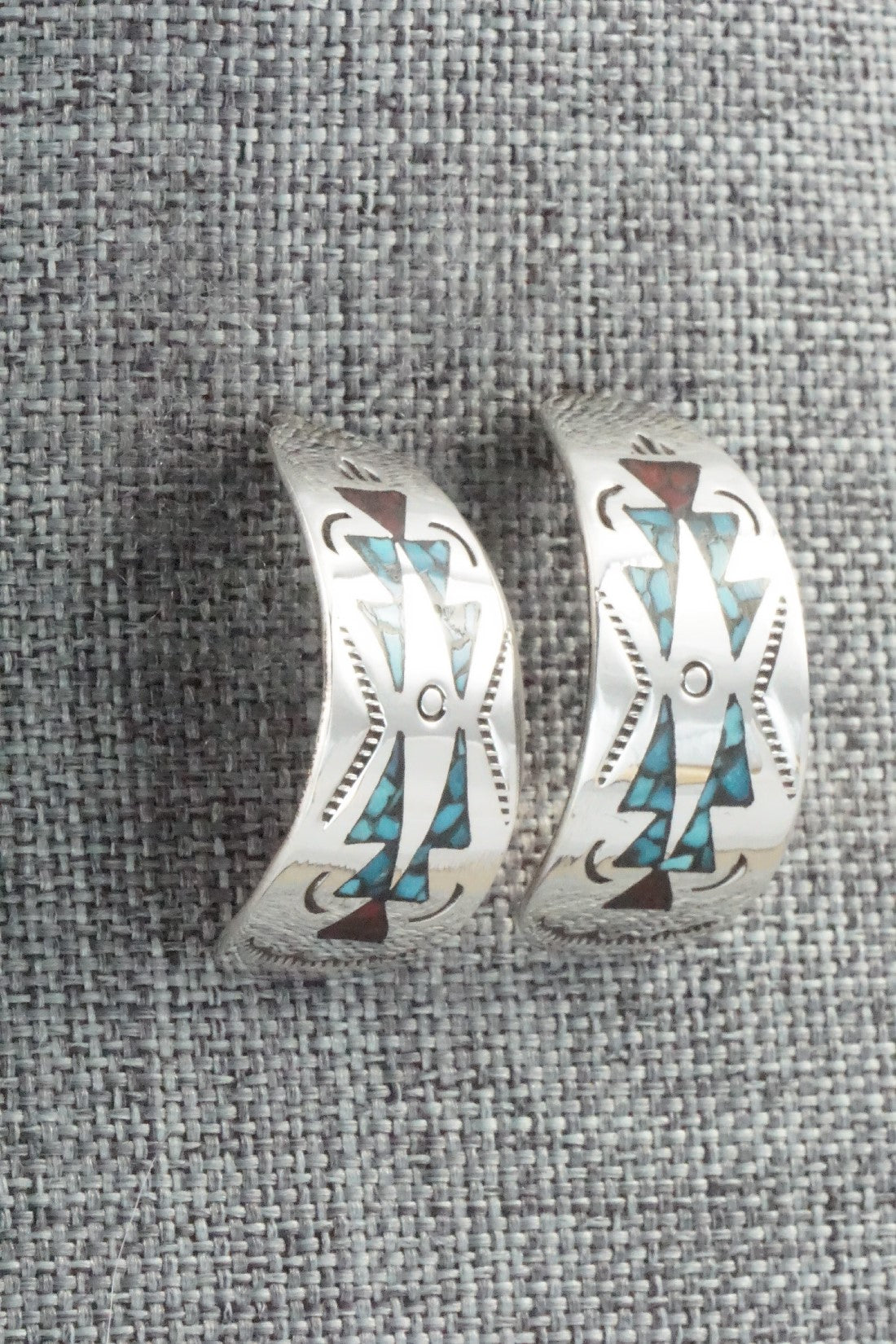 Coral & Turquoise Chip Inlay Sterling Silver Earrings - Jolene Yazzie