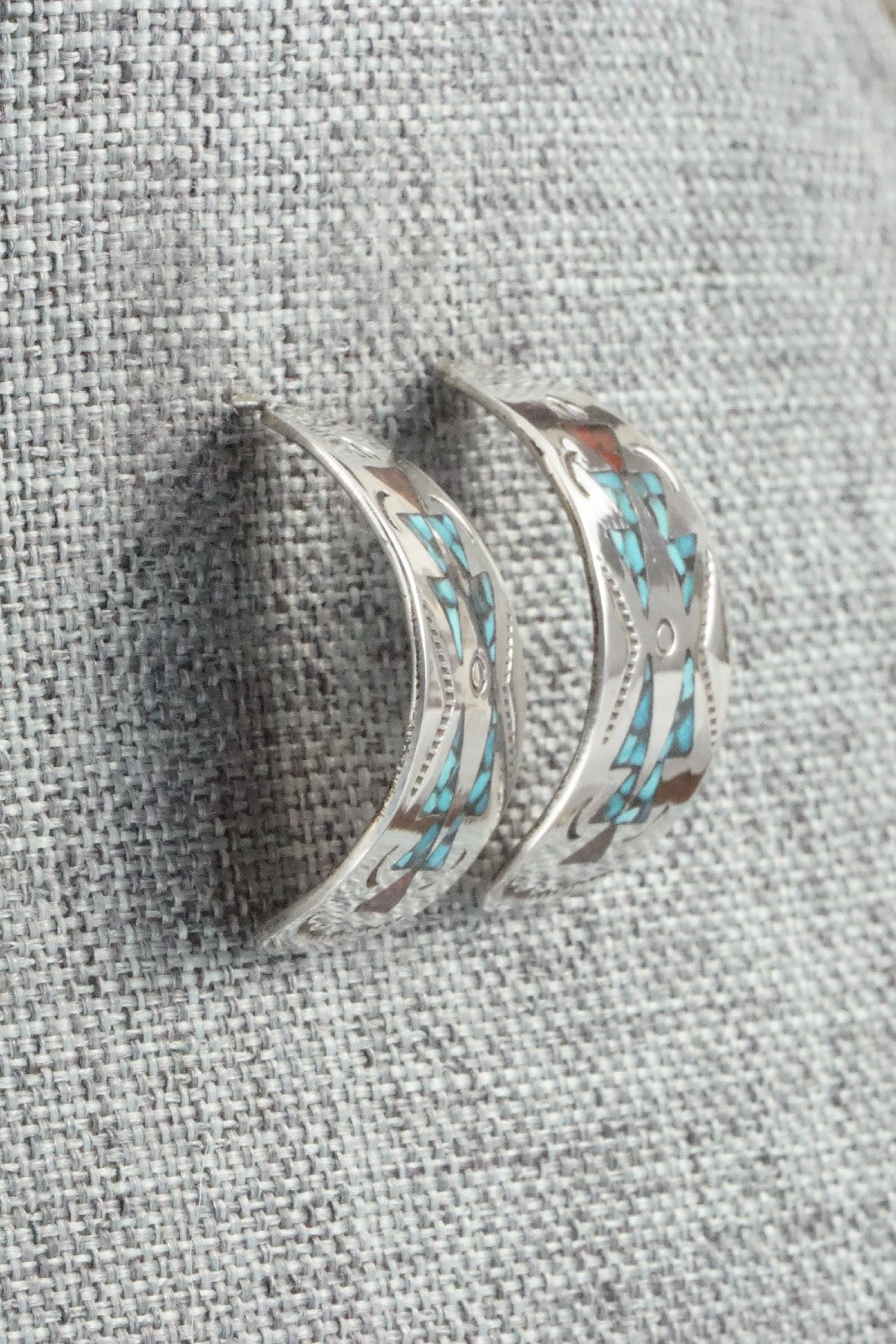 Coral & Turquoise Chip Inlay Sterling Silver Earrings - Jolene Yazzie