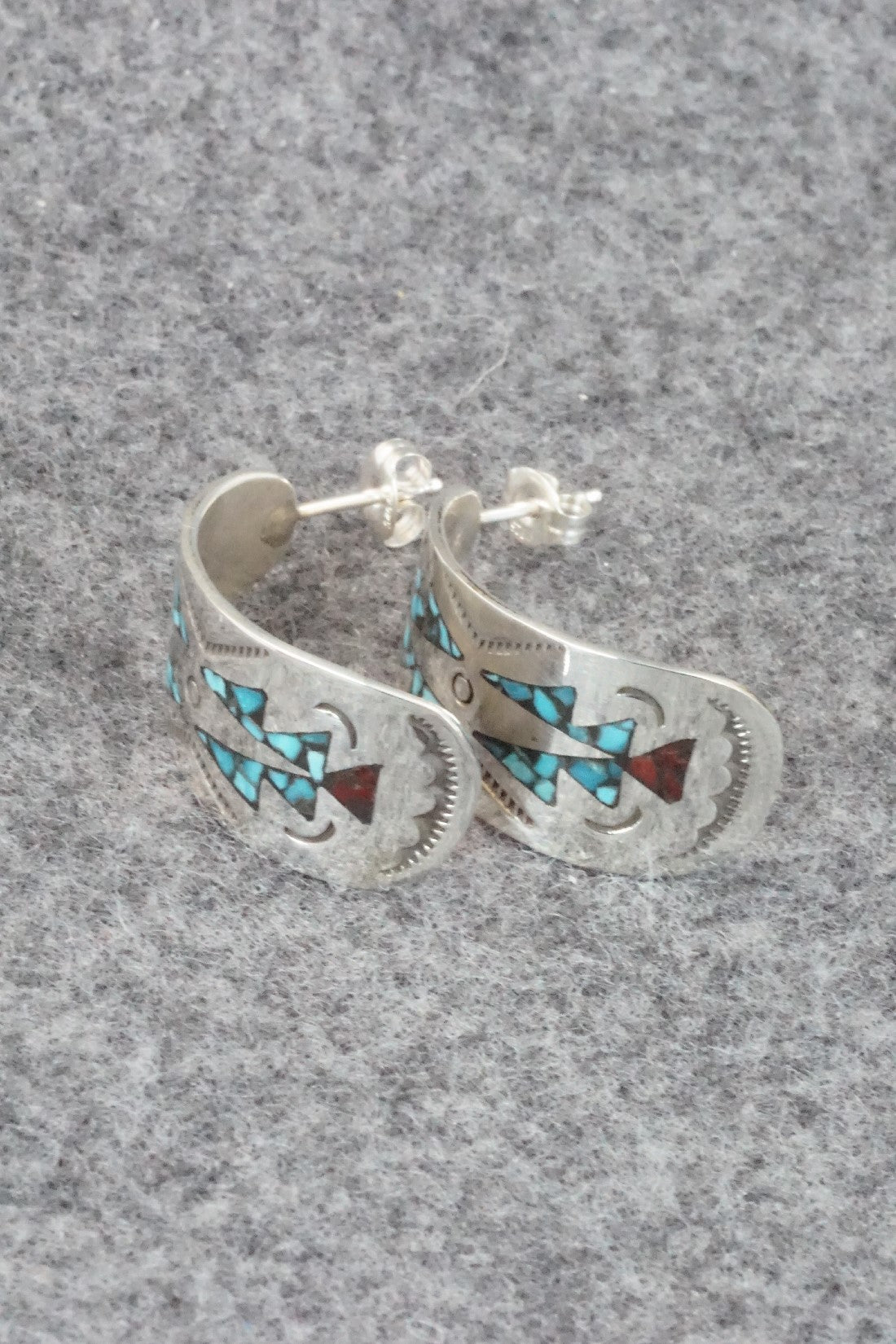 Coral & Turquoise Chip Inlay Sterling Silver Earrings - Jolene Yazzie