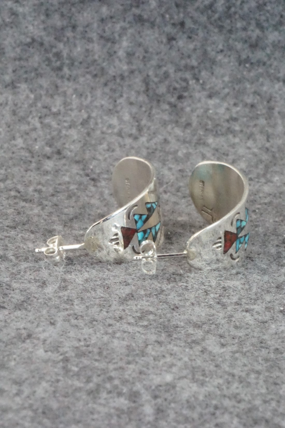 Coral & Turquoise Chip Inlay Sterling Silver Earrings - Jolene Yazzie