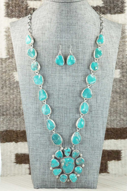 Turquoise & Sterling Silver Necklace and Earrings Set - Wydell Billie