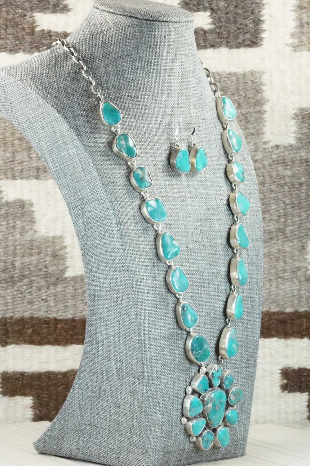 Turquoise & Sterling Silver Necklace and Earrings Set - Wydell Billie