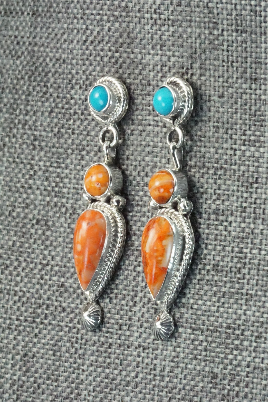 Spiny Oyster, Turquoise & Sterling Silver Earrings - Gary Shorty