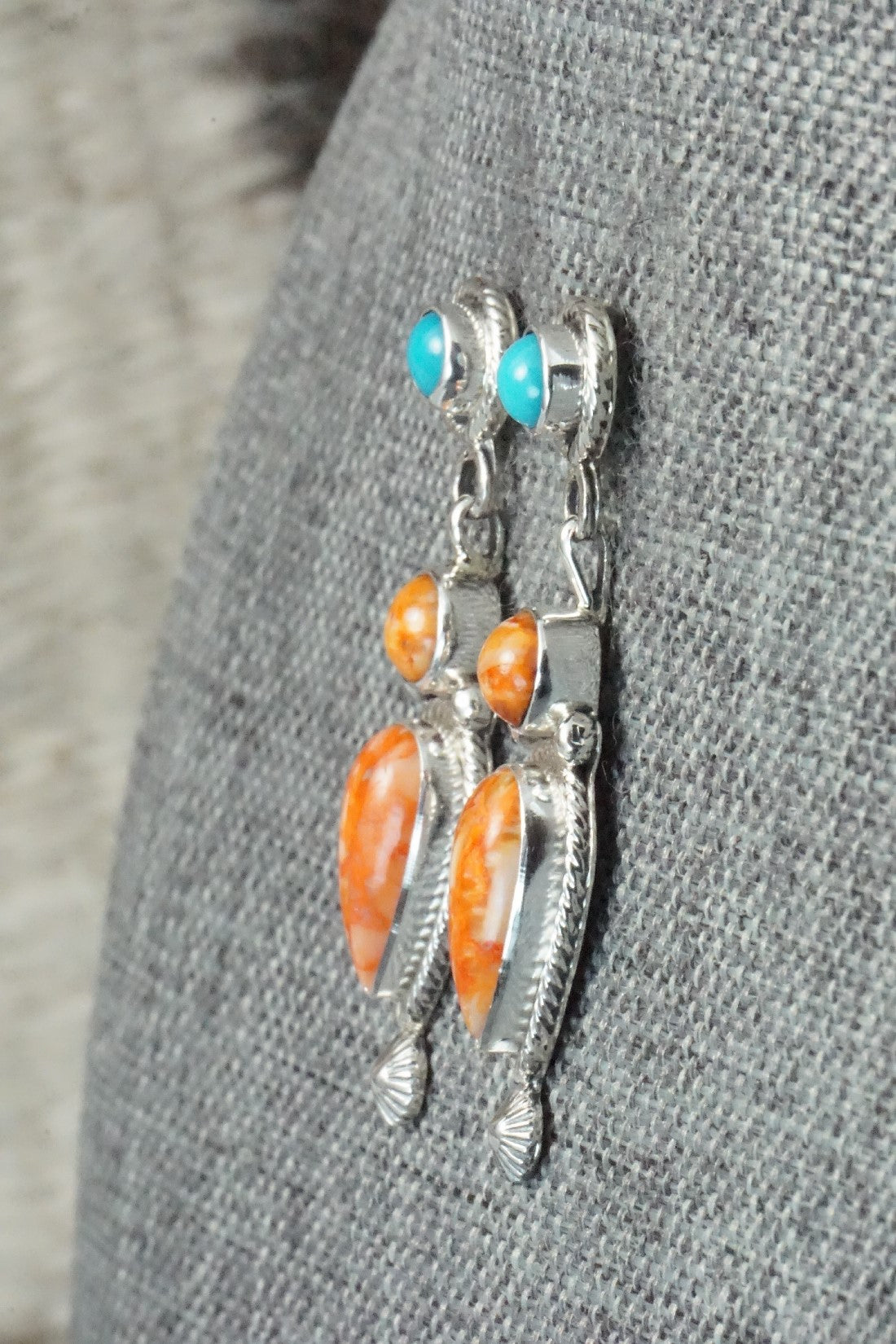 Spiny Oyster, Turquoise & Sterling Silver Earrings - Gary Shorty