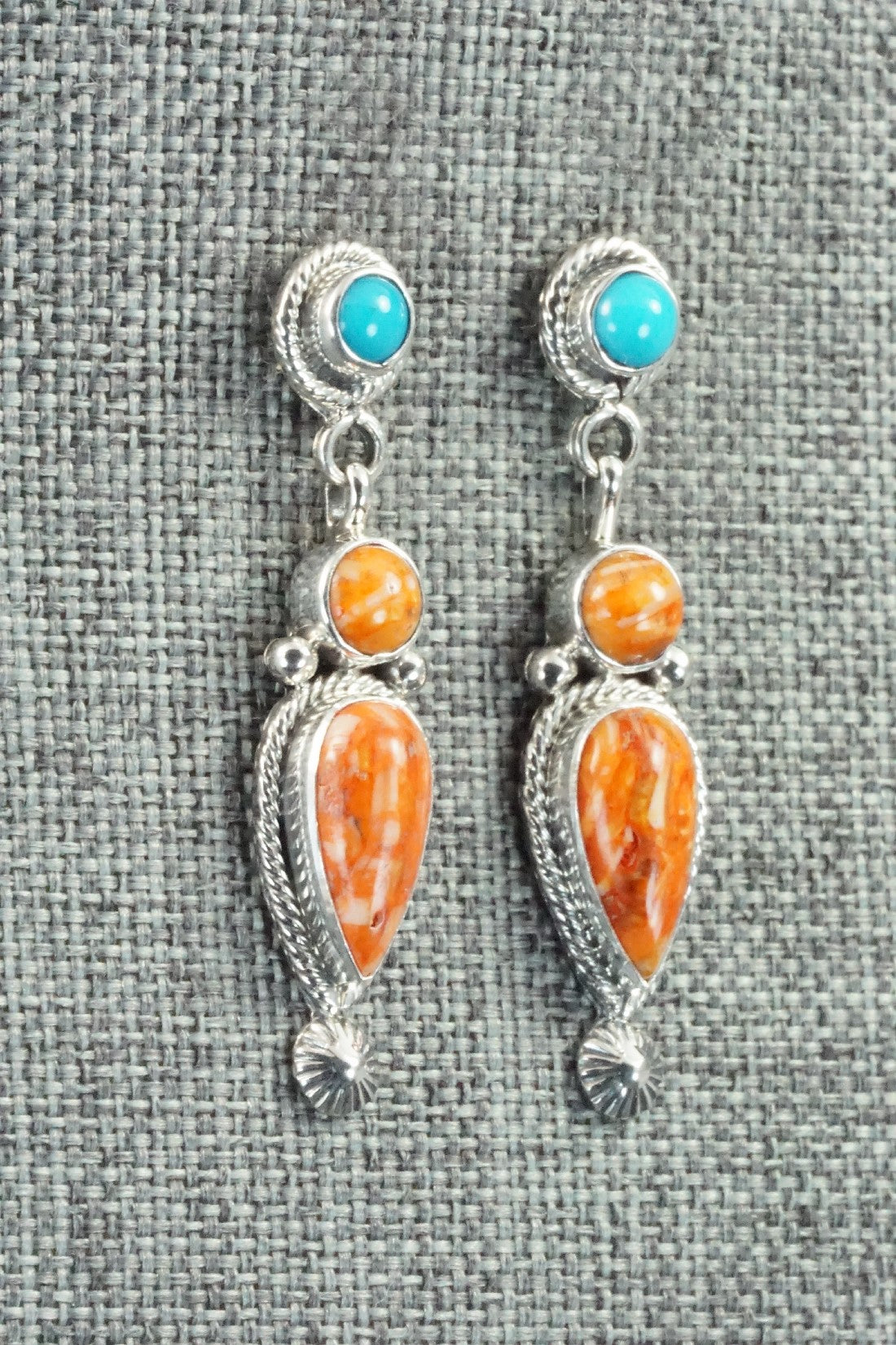 Spiny Oyster, Turquoise & Sterling Silver Earrings - Gary Shorty