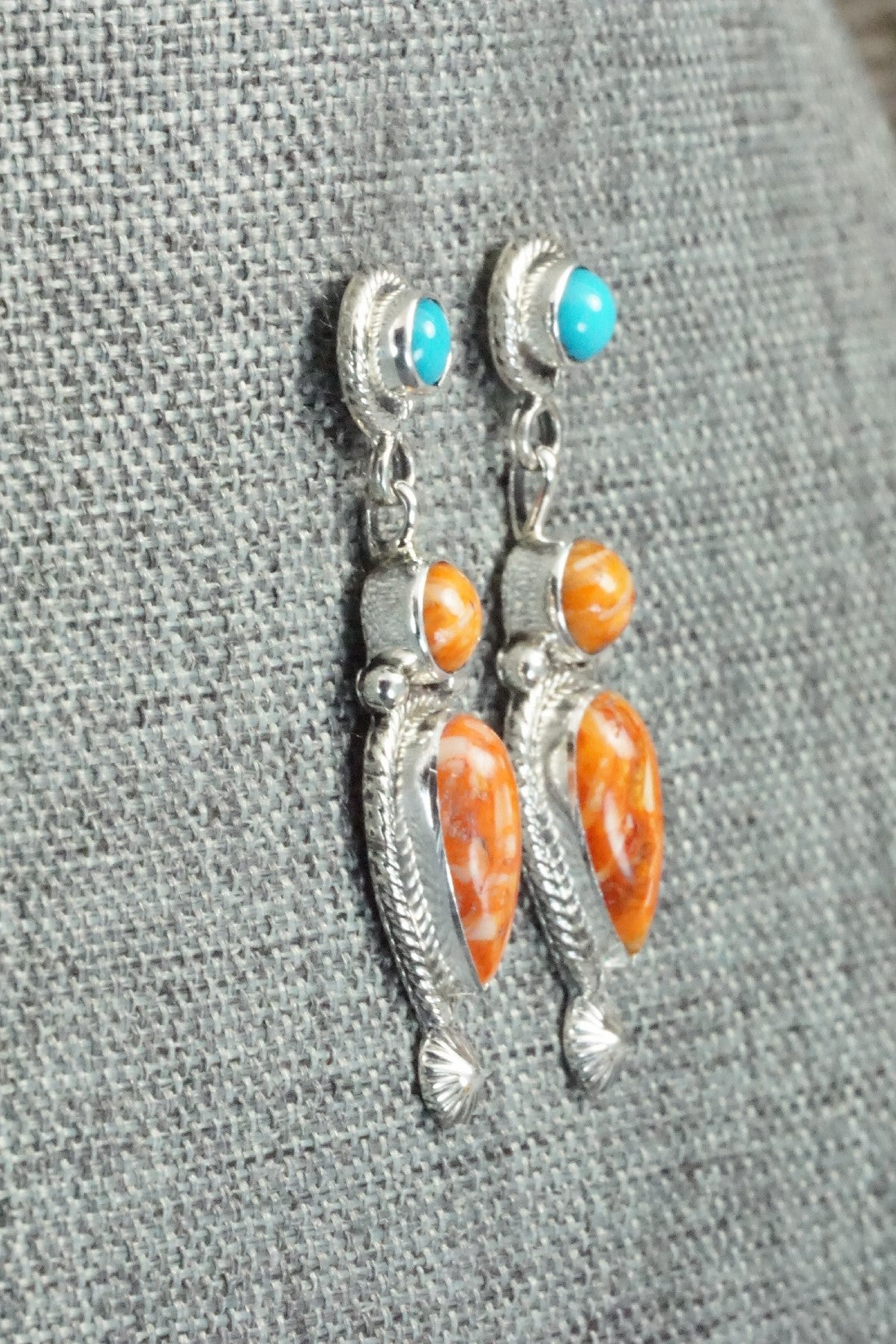 Spiny Oyster, Turquoise & Sterling Silver Earrings - Gary Shorty