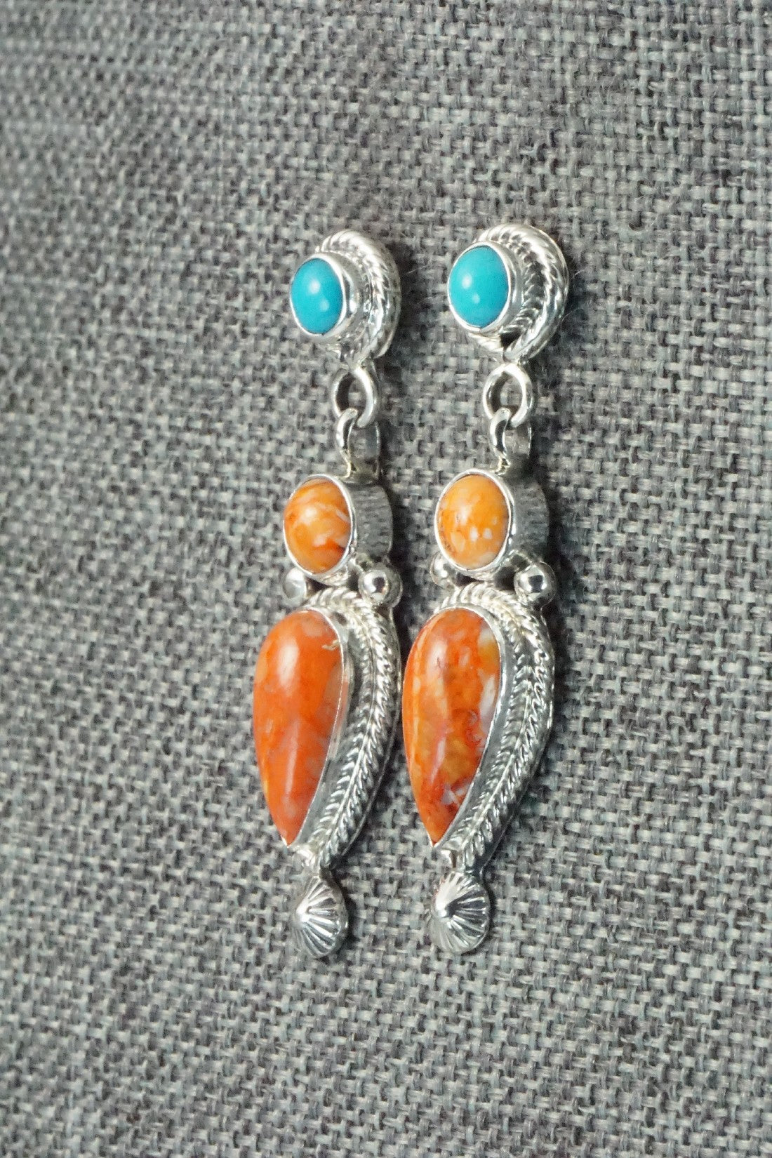 Spiny Oyster, Turquoise & Sterling Silver Earrings - Gary Shorty