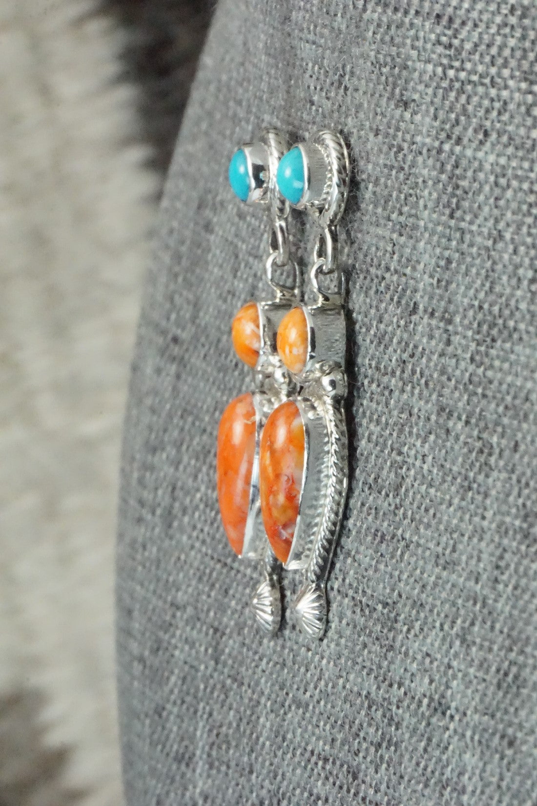 Spiny Oyster, Turquoise & Sterling Silver Earrings - Gary Shorty