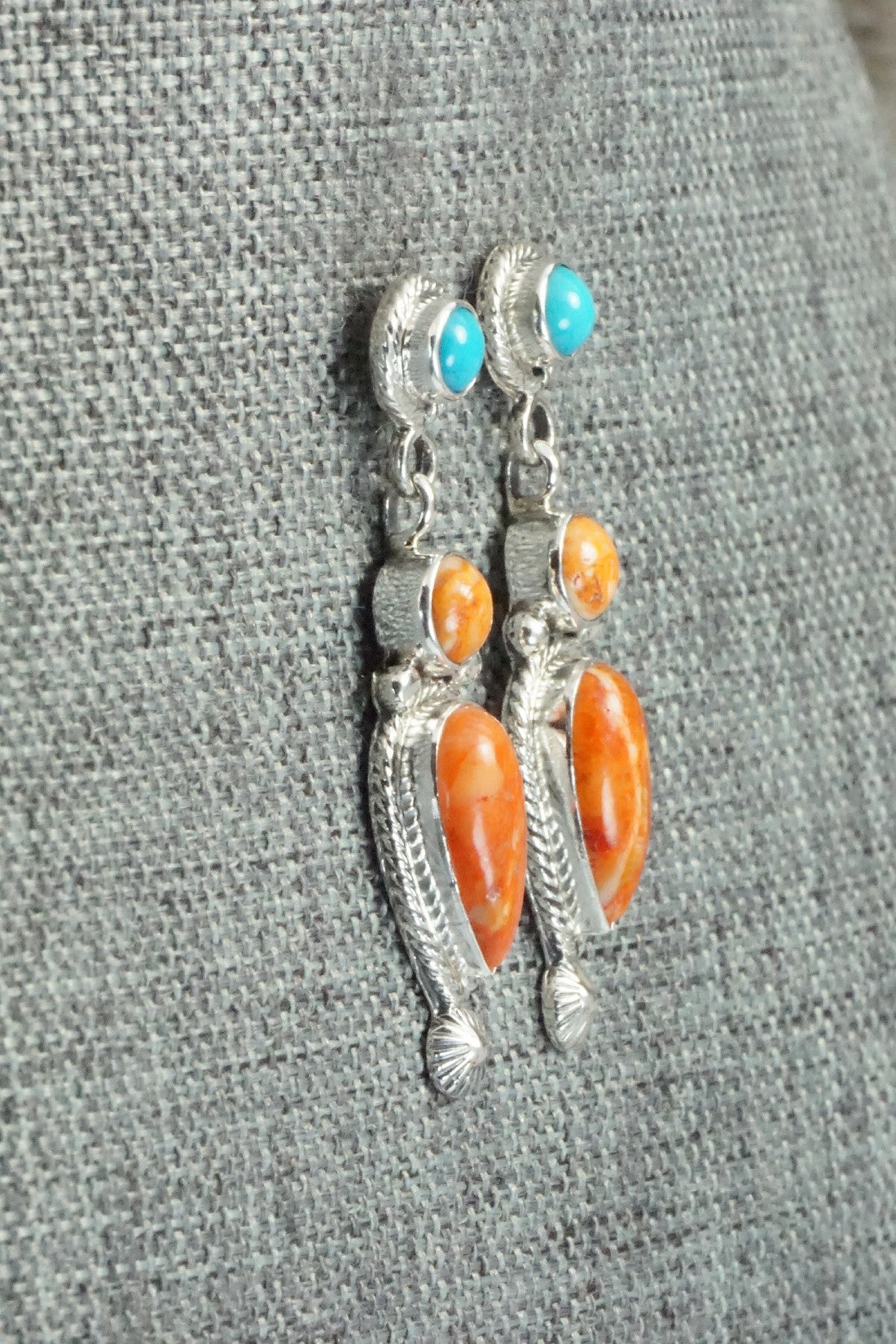 Spiny Oyster, Turquoise & Sterling Silver Earrings - Gary Shorty