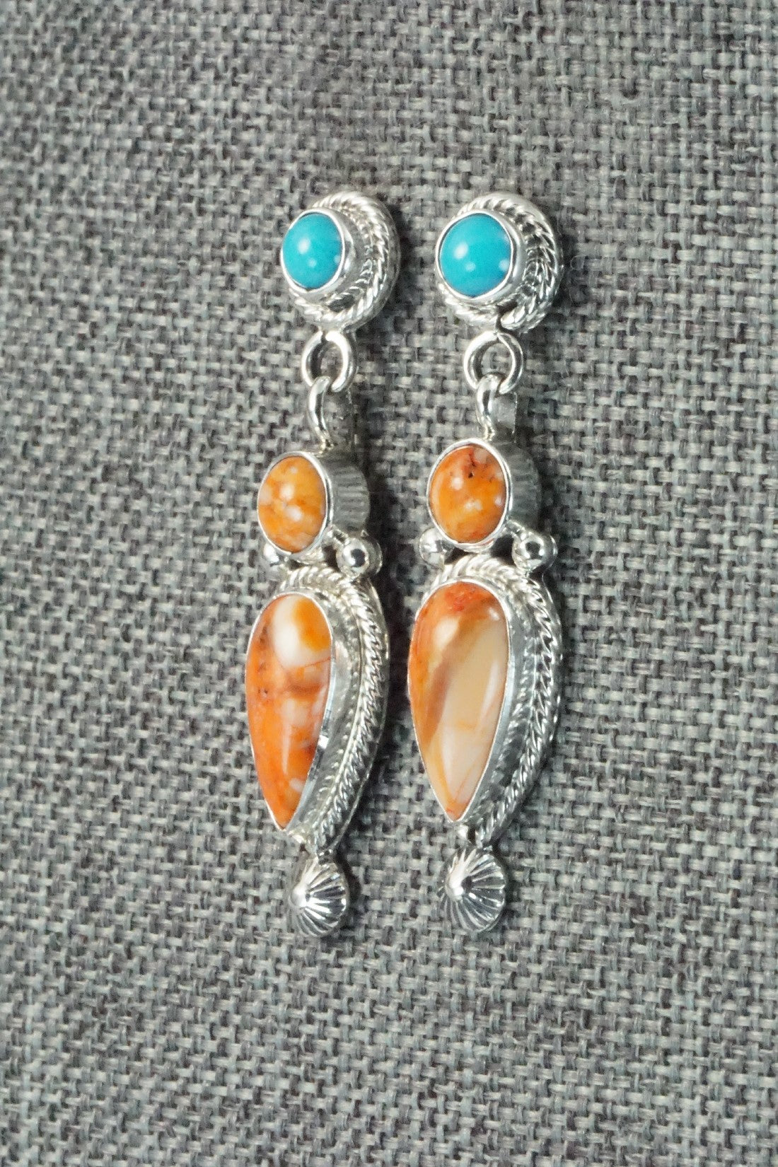 Spiny Oyster, Turquoise & Sterling Silver Earrings - Gary Shorty