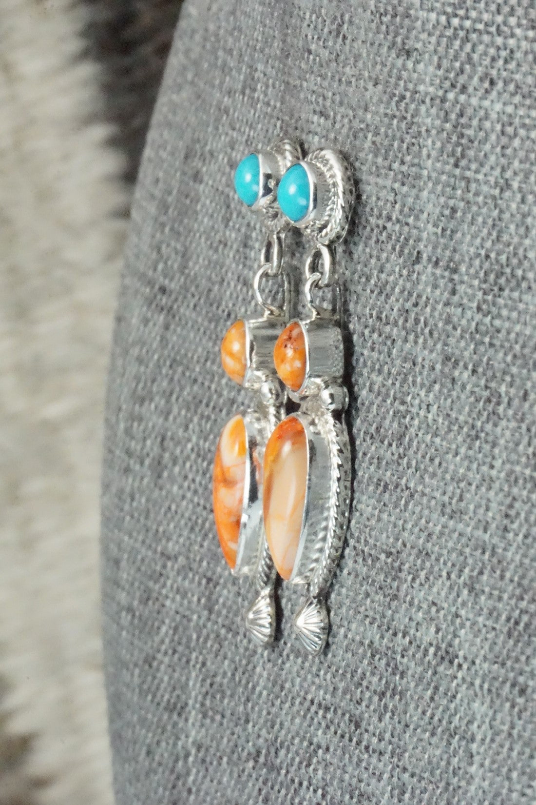 Spiny Oyster, Turquoise & Sterling Silver Earrings - Gary Shorty