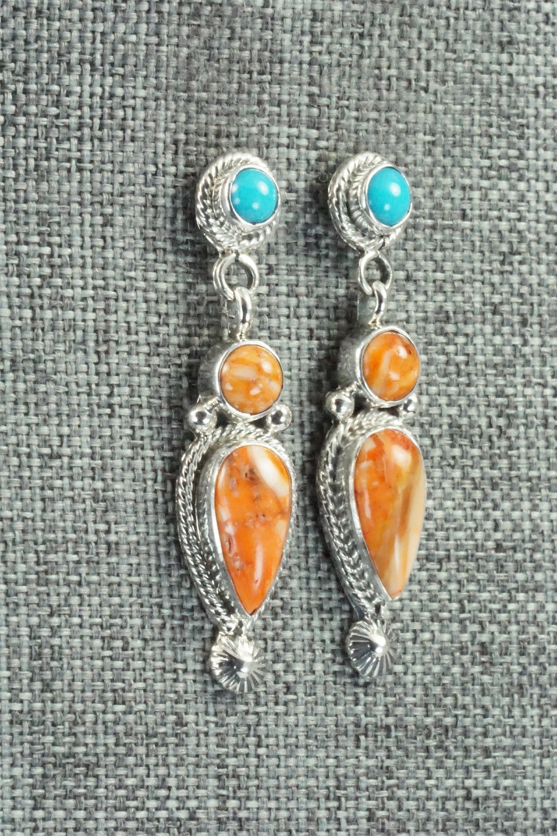 Spiny Oyster, Turquoise & Sterling Silver Earrings - Gary Shorty