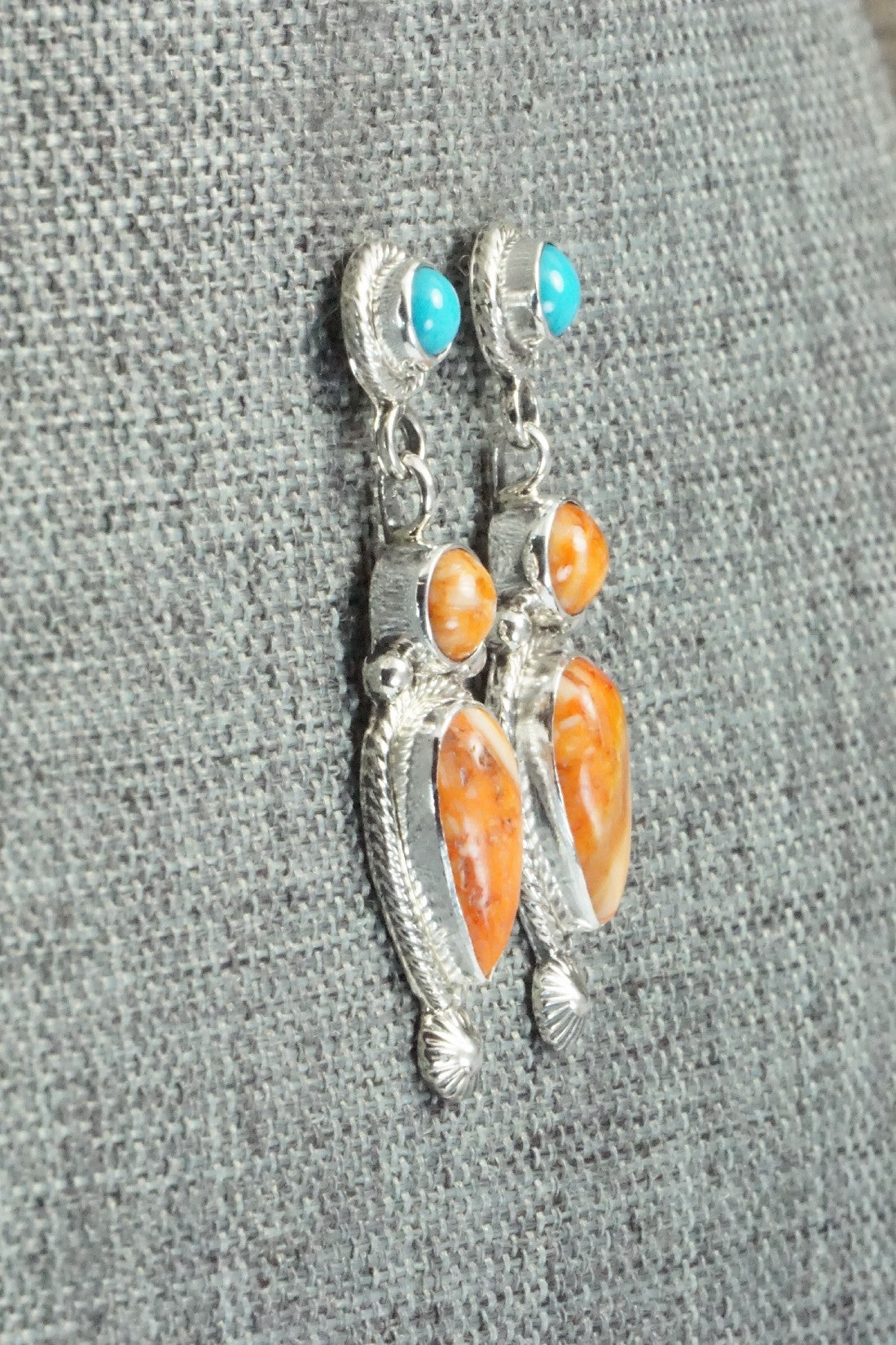 Spiny Oyster, Turquoise & Sterling Silver Earrings - Gary Shorty