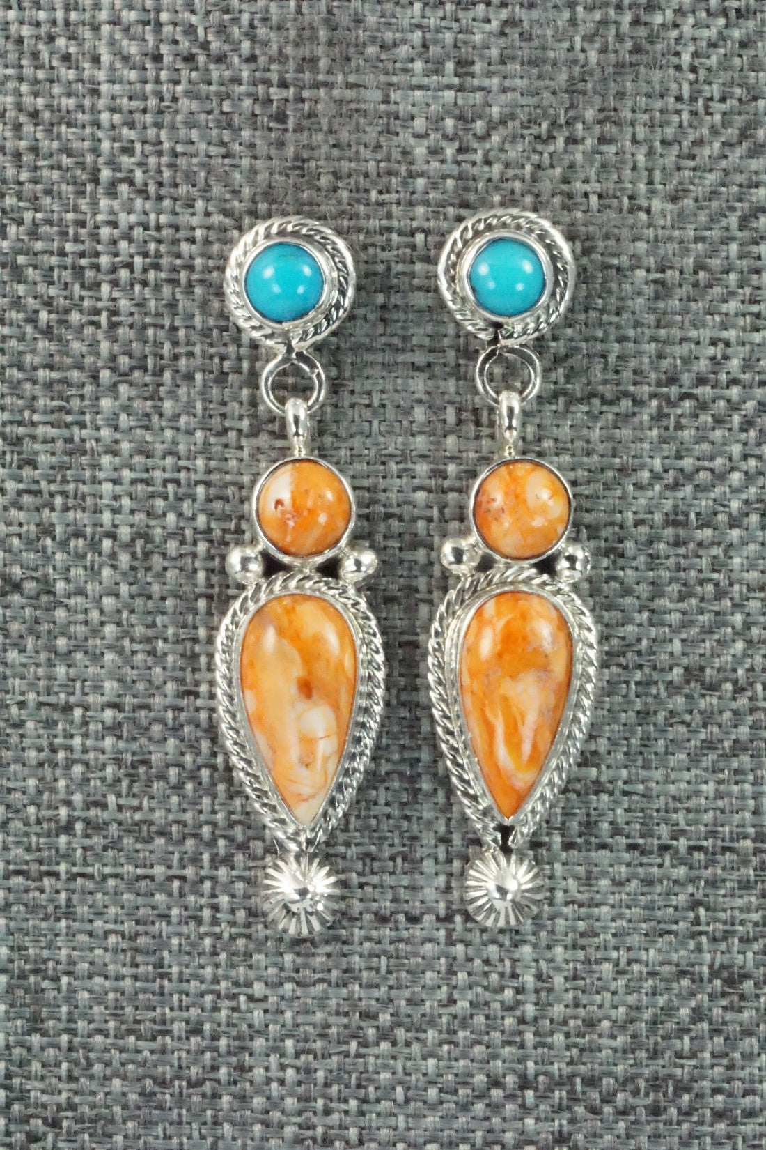 Spiny Oyster, Turquoise & Sterling Silver Earrings - Gary Shorty