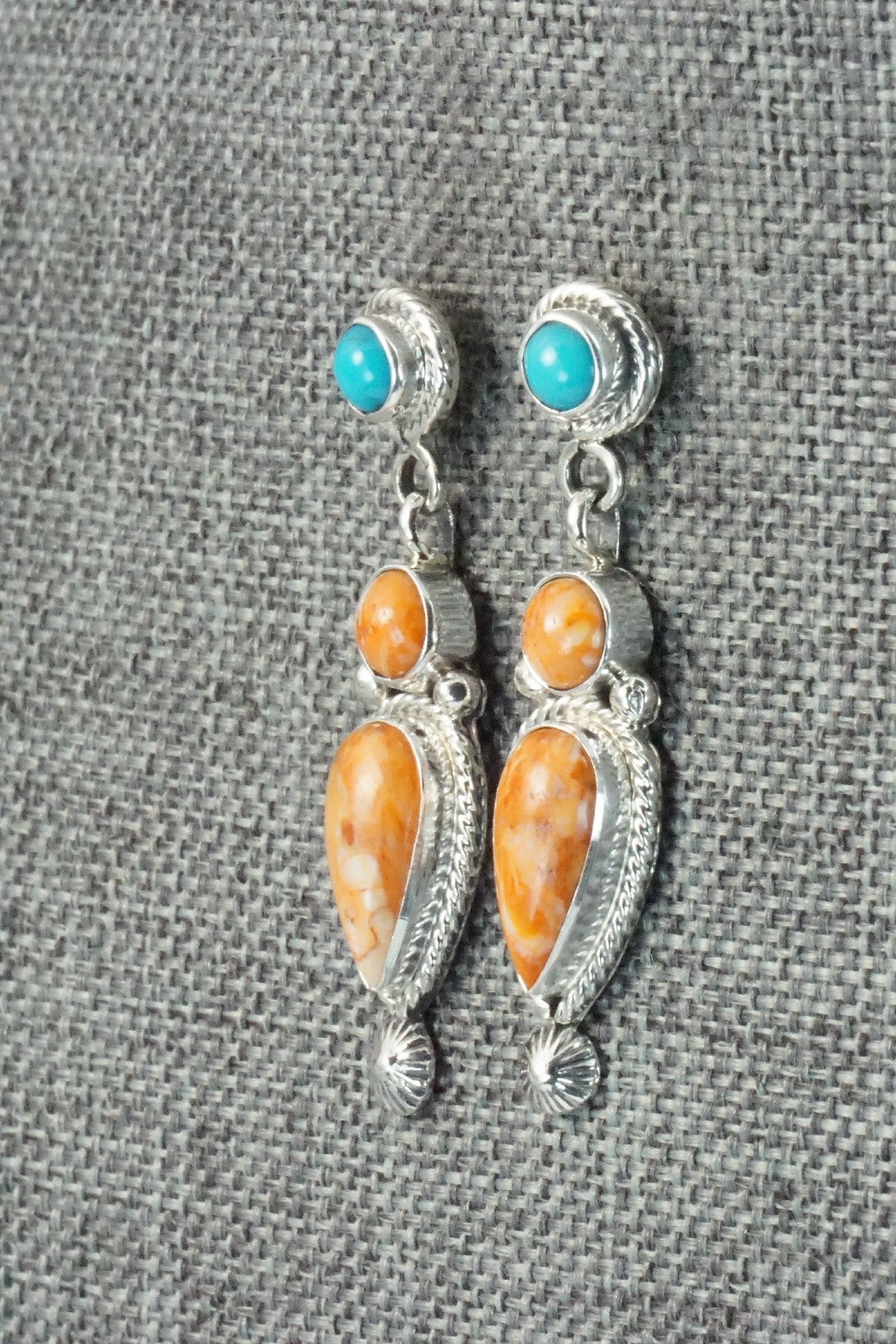 Spiny Oyster, Turquoise & Sterling Silver Earrings - Gary Shorty