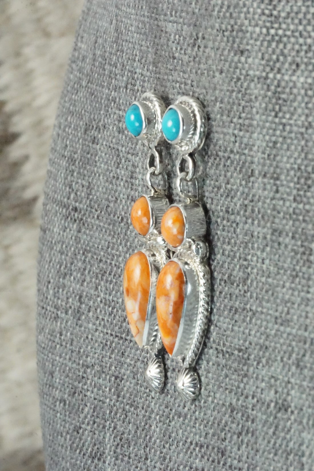 Spiny Oyster, Turquoise & Sterling Silver Earrings - Gary Shorty