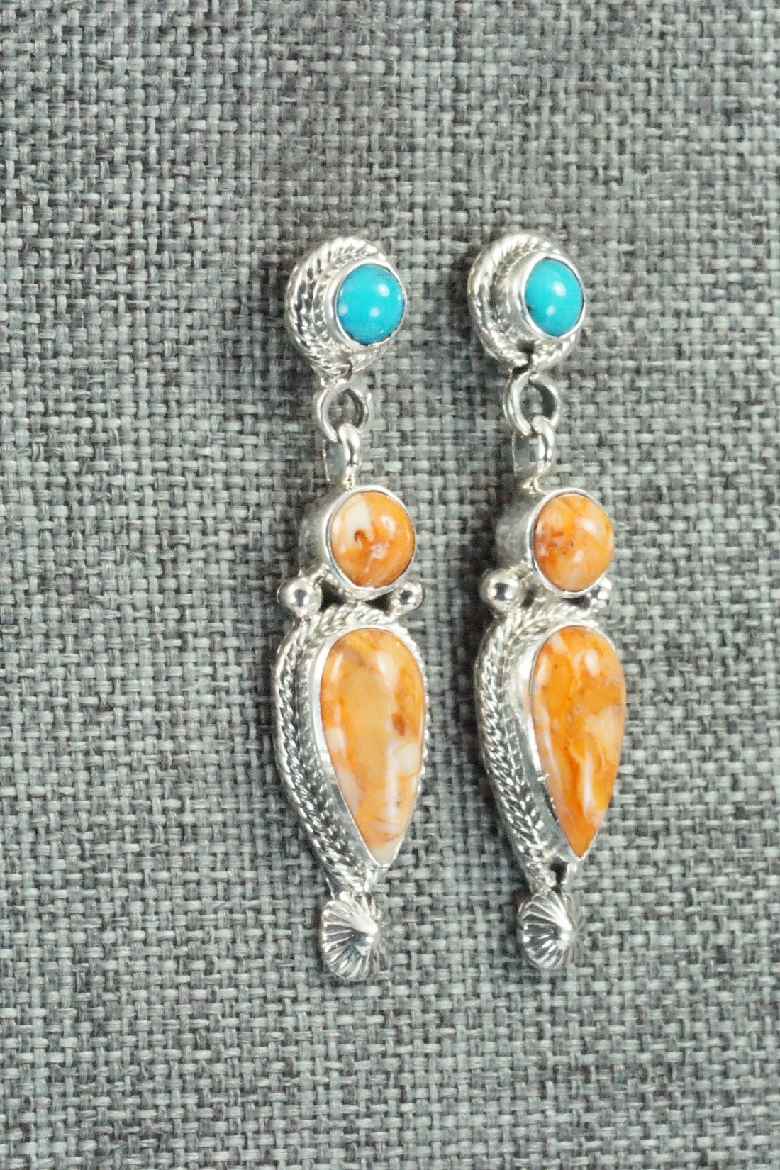 Spiny Oyster, Turquoise & Sterling Silver Earrings - Gary Shorty