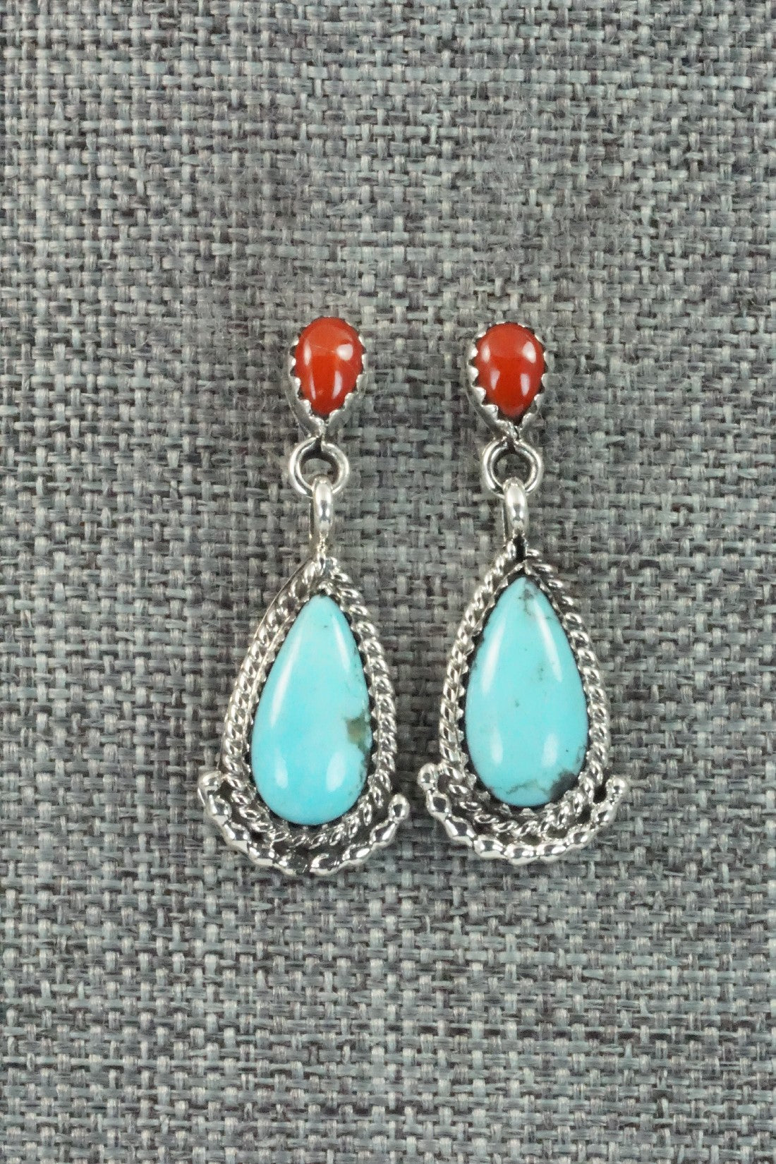 Turquoise, Coral & Sterling Silver Earrings - Verley Betone
