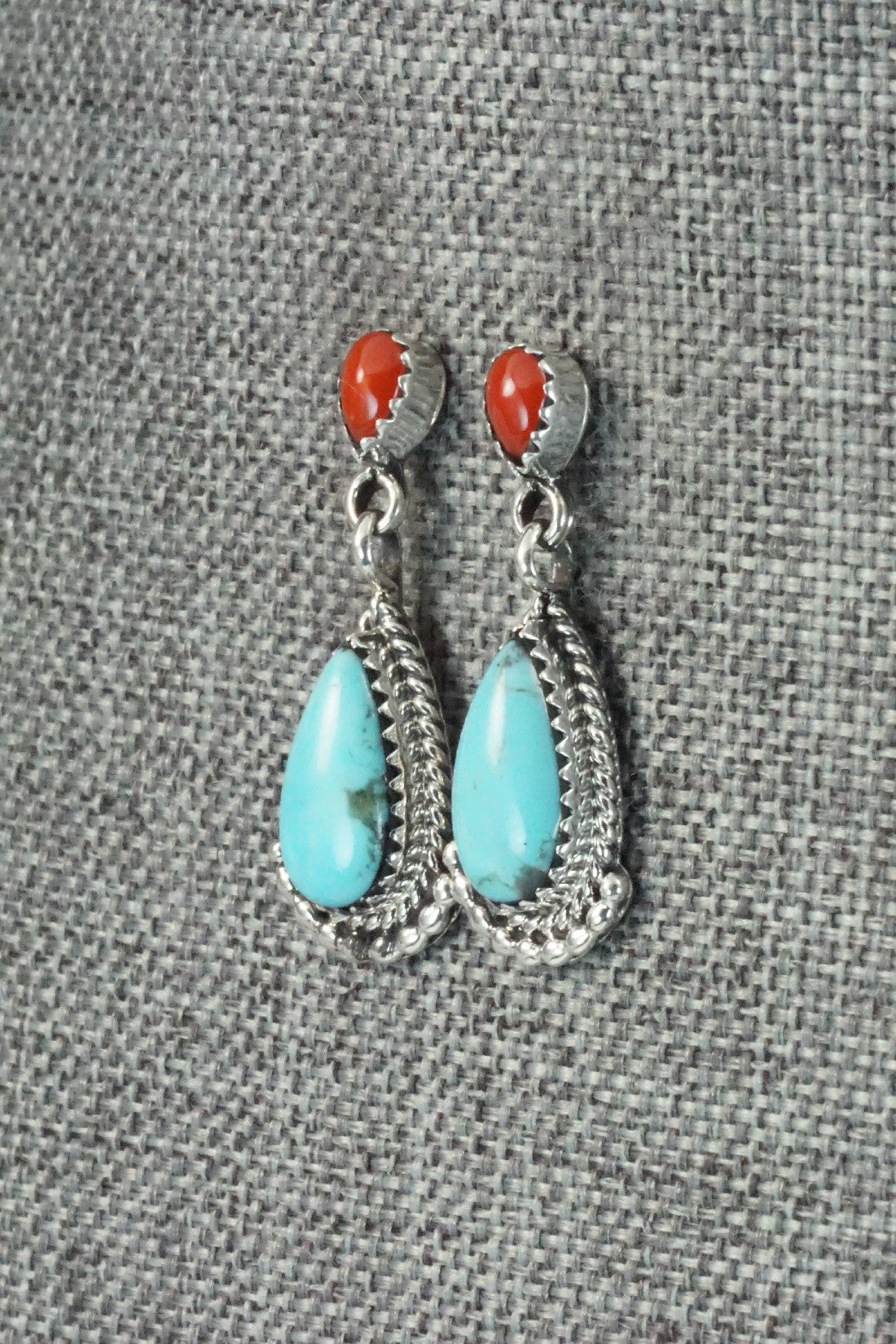 Turquoise, Coral & Sterling Silver Earrings - Verley Betone