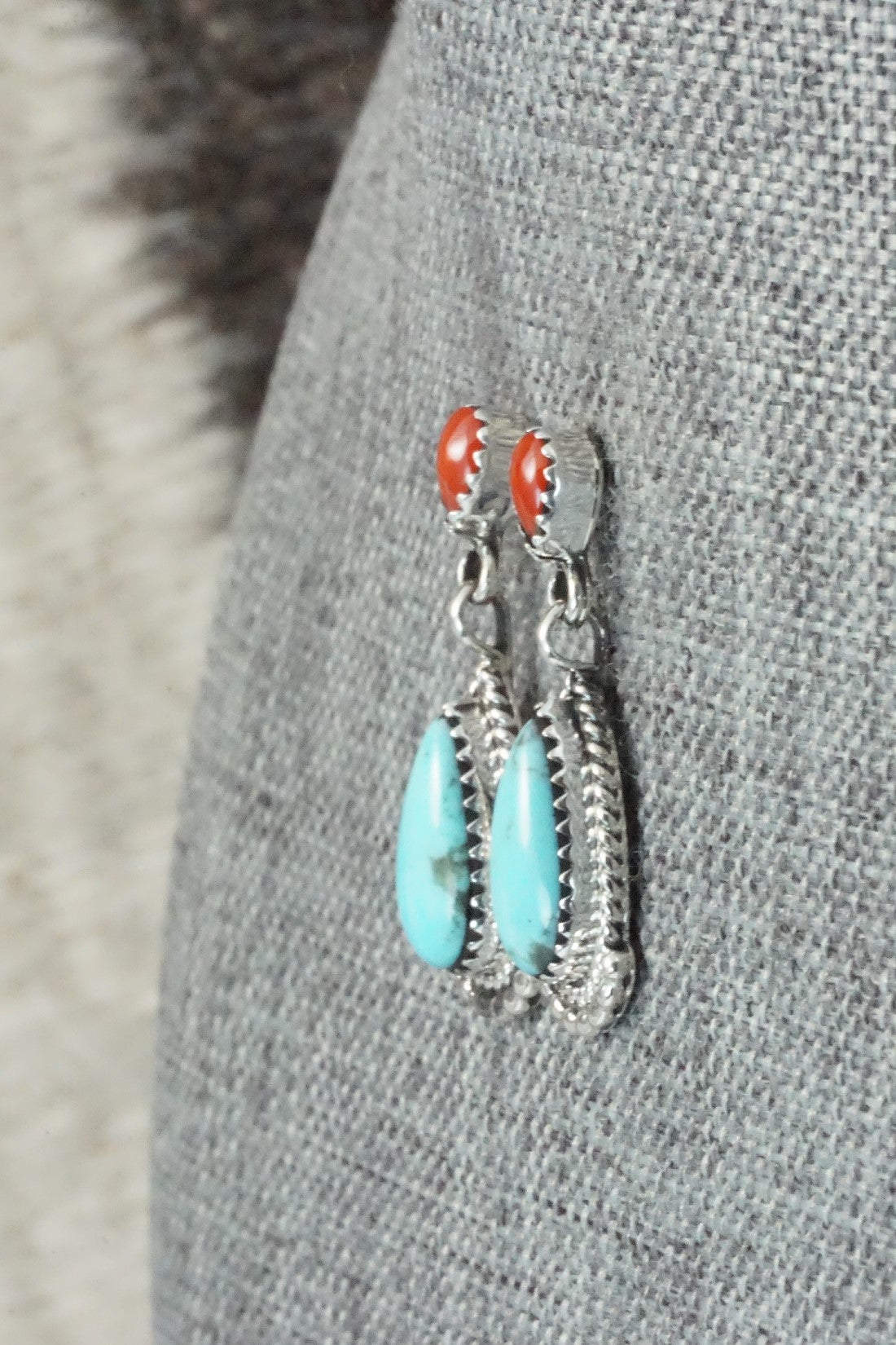 Turquoise, Coral & Sterling Silver Earrings - Verley Betone