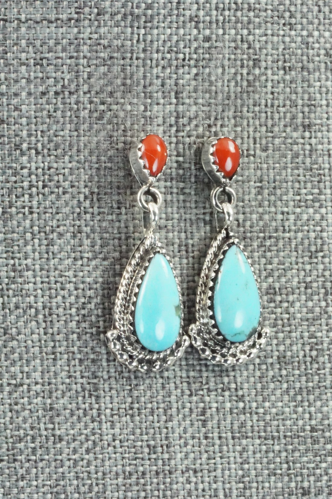Turquoise, Coral & Sterling Silver Earrings - Verley Betone