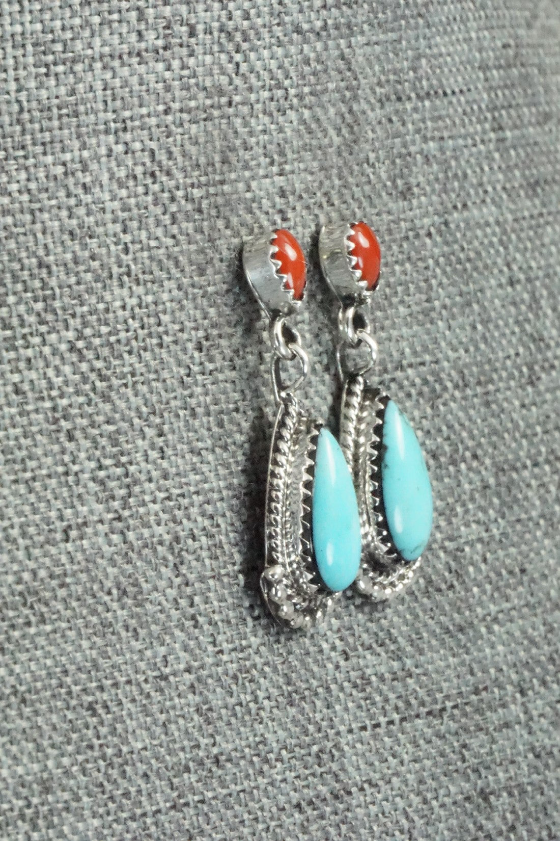 Turquoise, Coral & Sterling Silver Earrings - Verley Betone