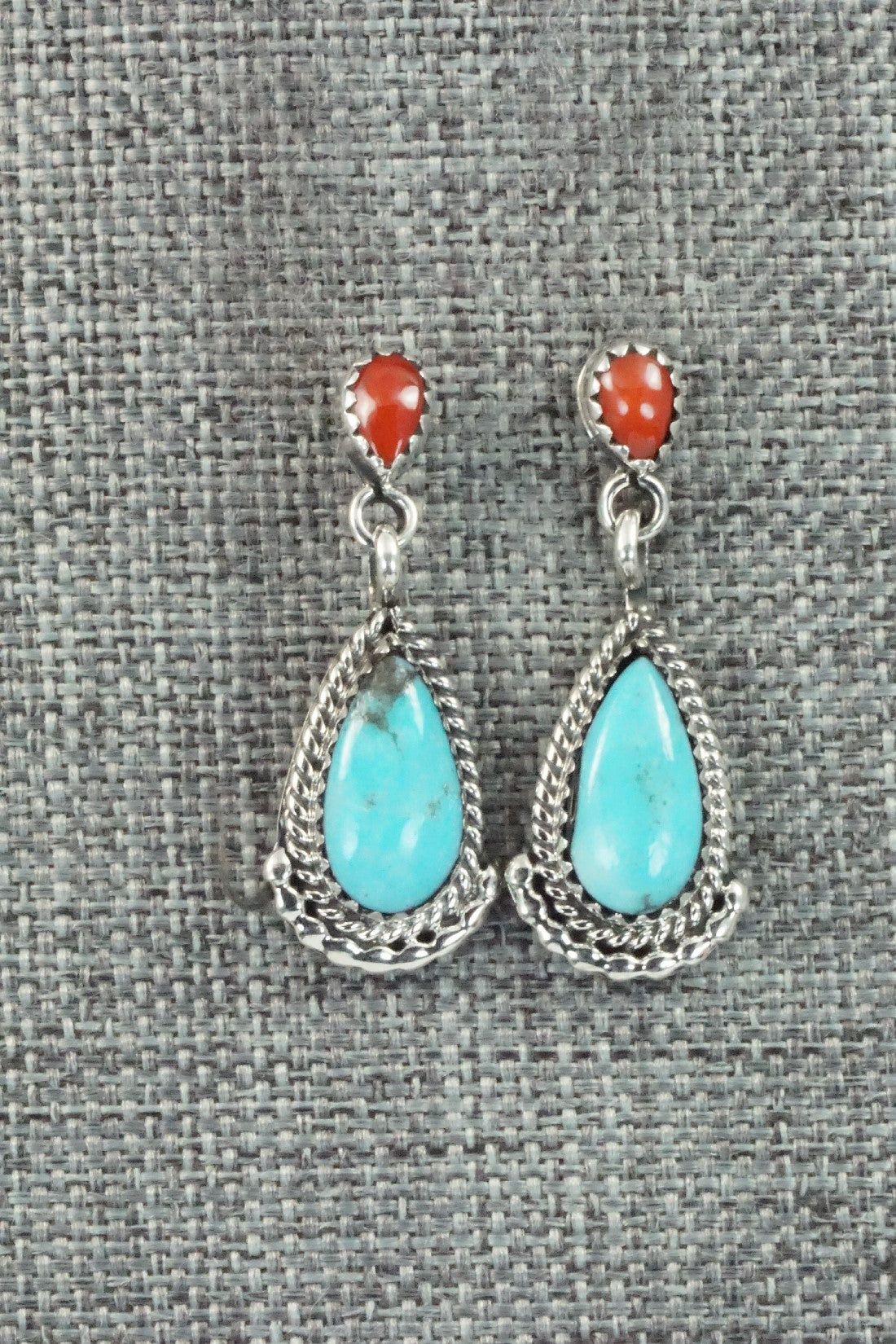 Turquoise, Coral & Sterling Silver Earrings - Verley Betone