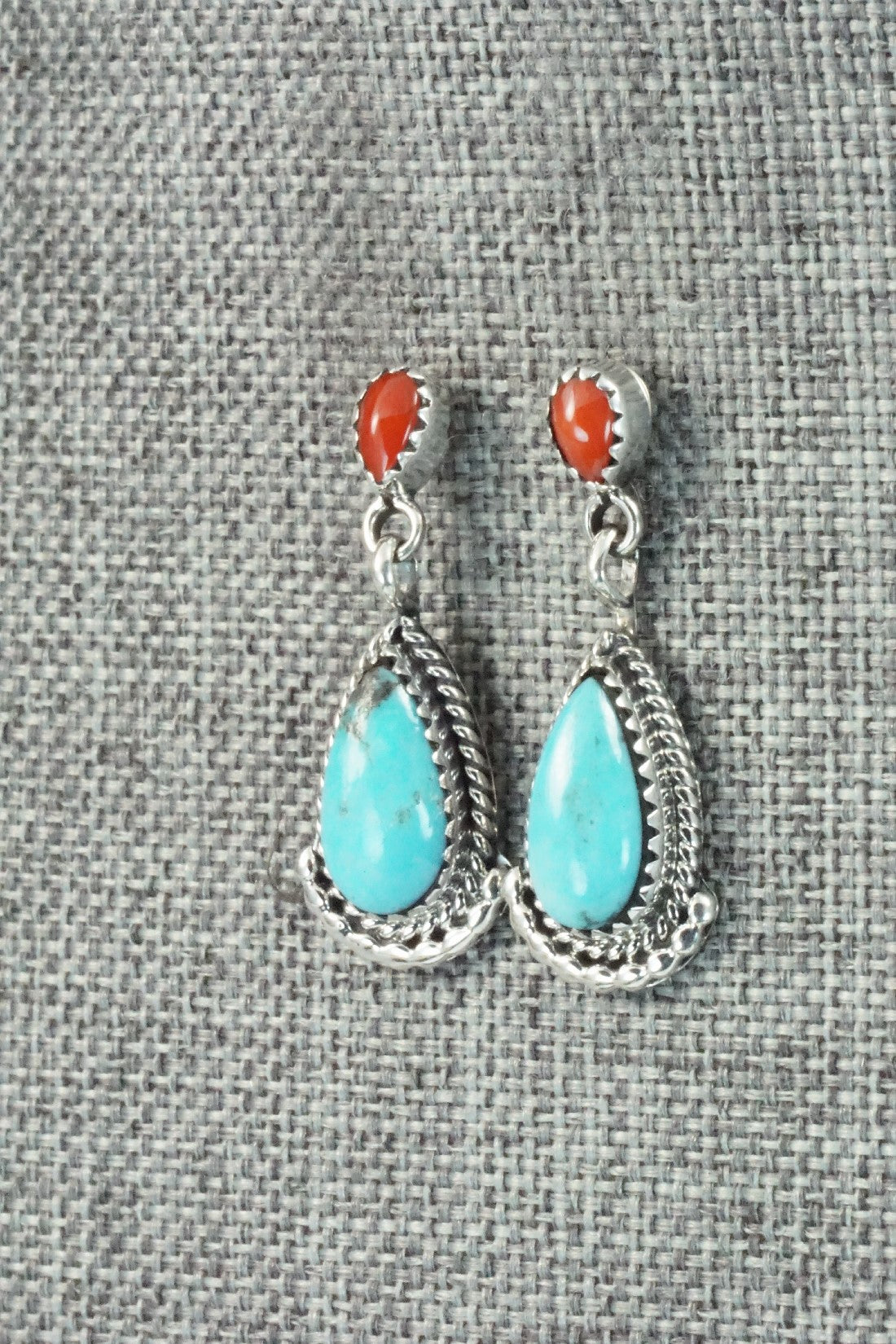 Turquoise, Coral & Sterling Silver Earrings - Verley Betone