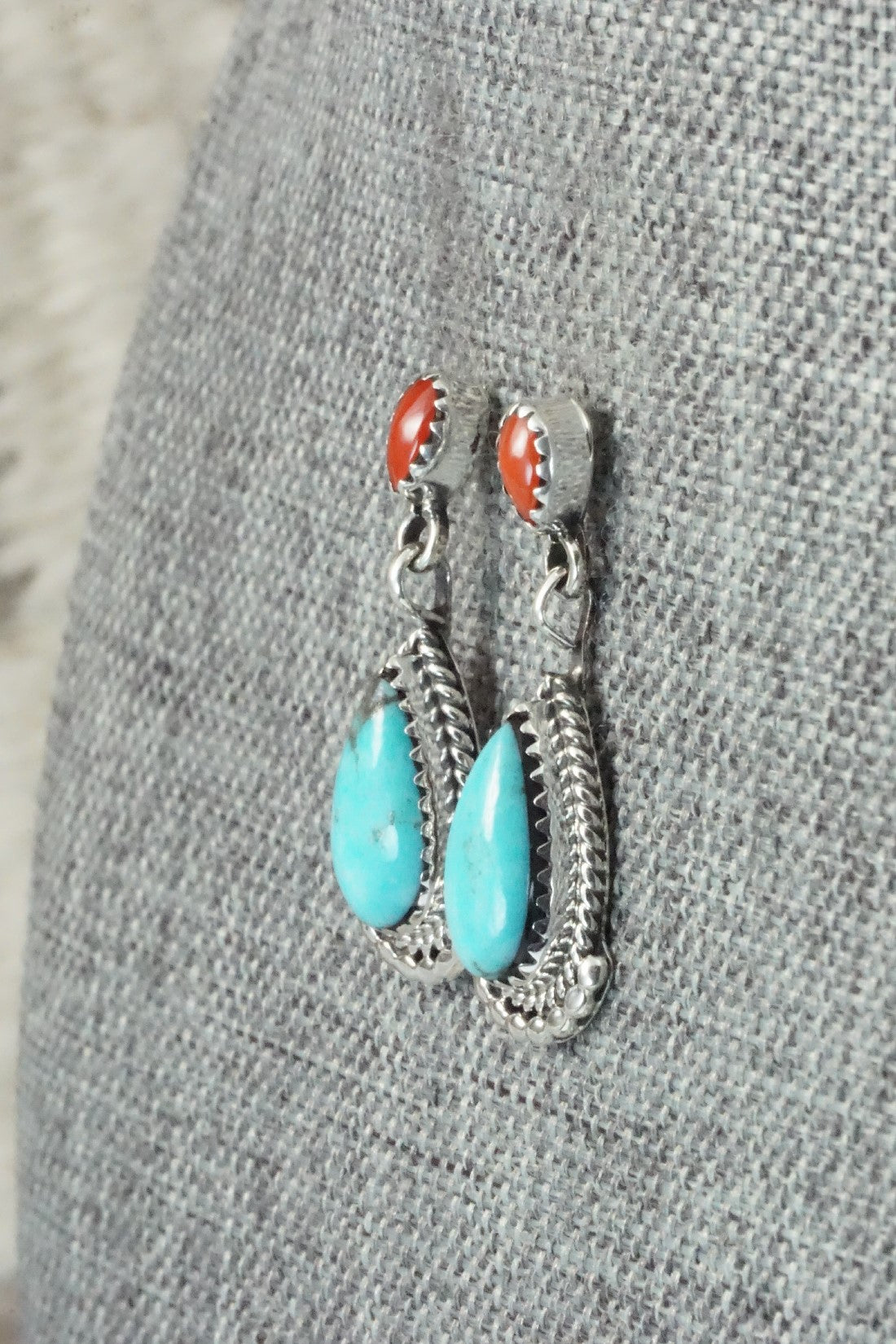 Turquoise, Coral & Sterling Silver Earrings - Verley Betone