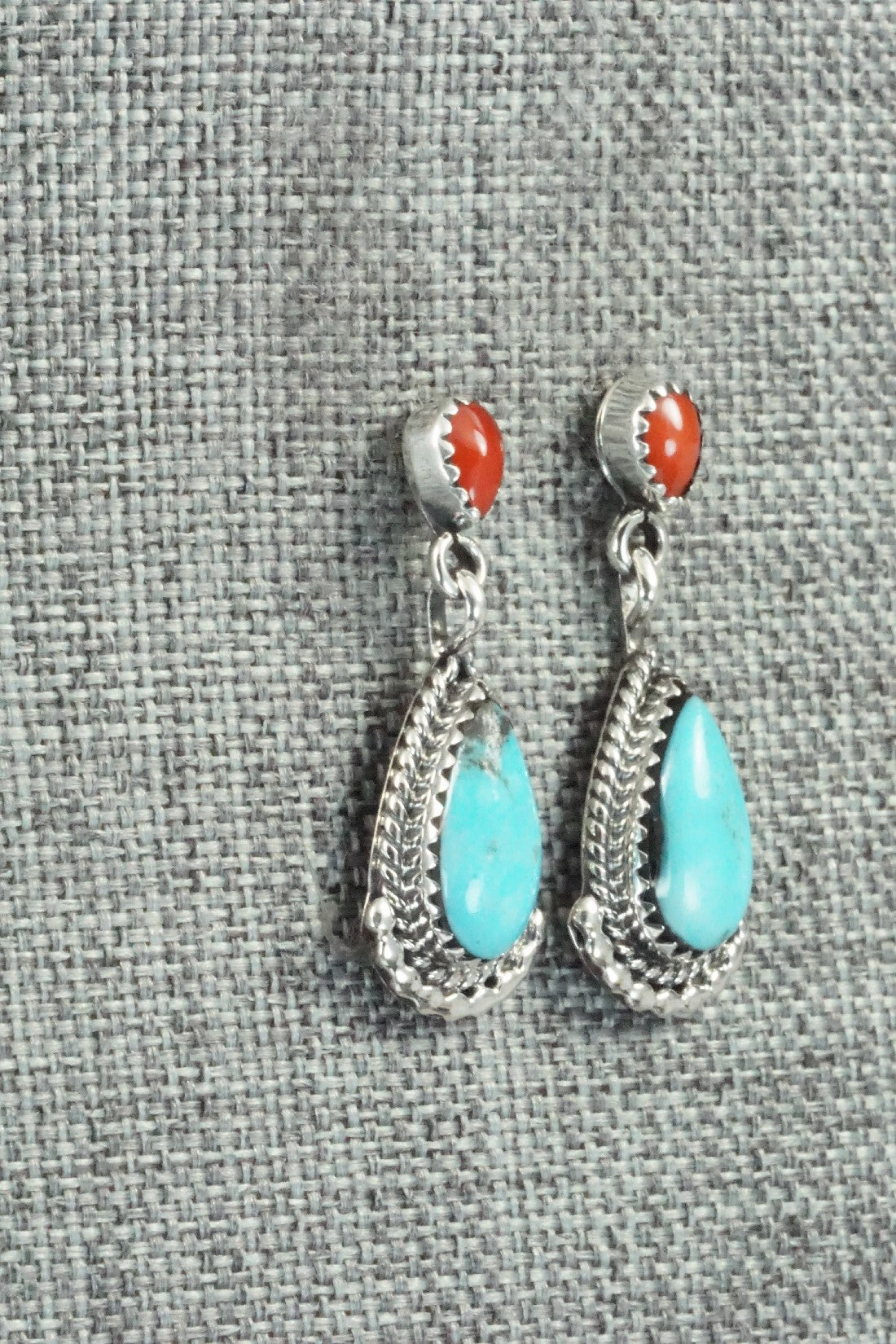 Turquoise, Coral & Sterling Silver Earrings - Verley Betone