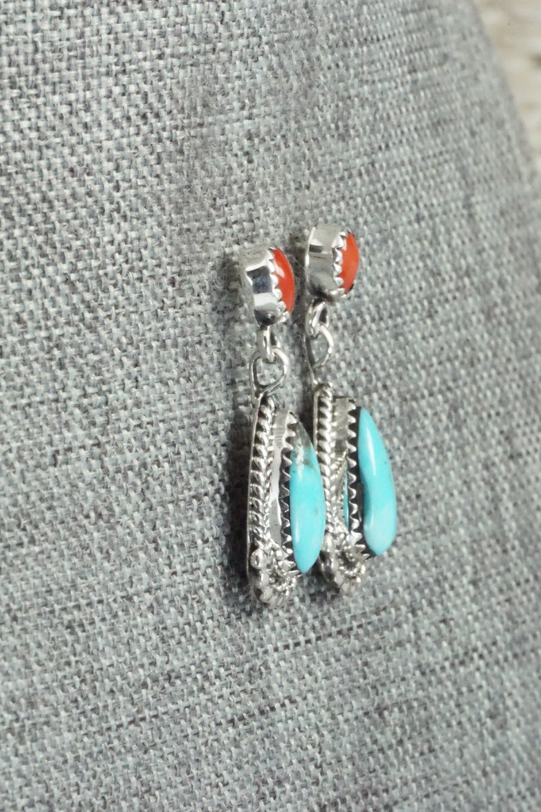 Turquoise, Coral & Sterling Silver Earrings - Verley Betone