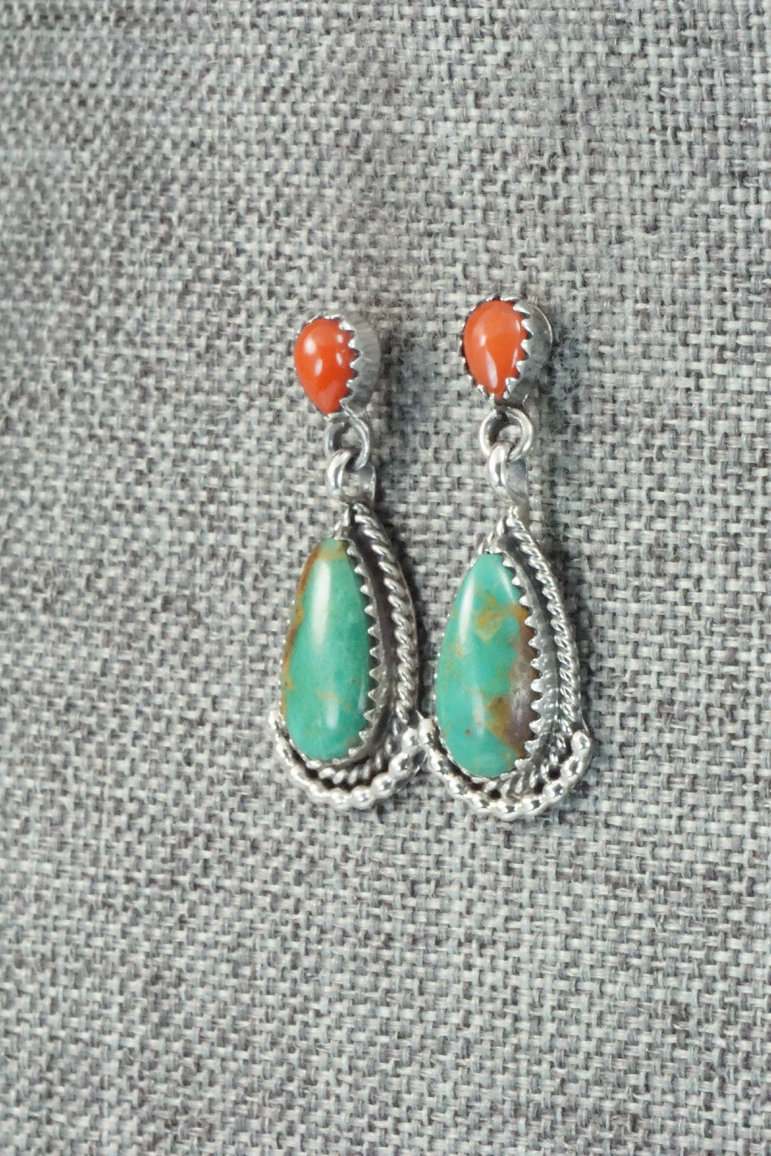Turquoise, Coral & Sterling Silver Earrings - Verley Betone