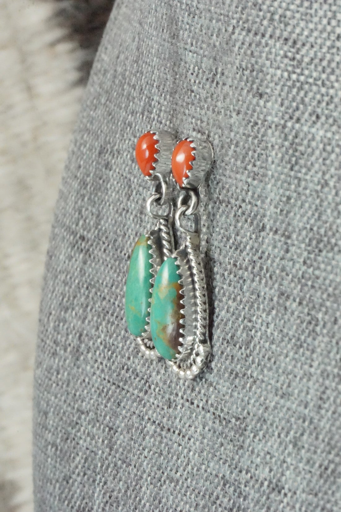Turquoise, Coral & Sterling Silver Earrings - Verley Betone