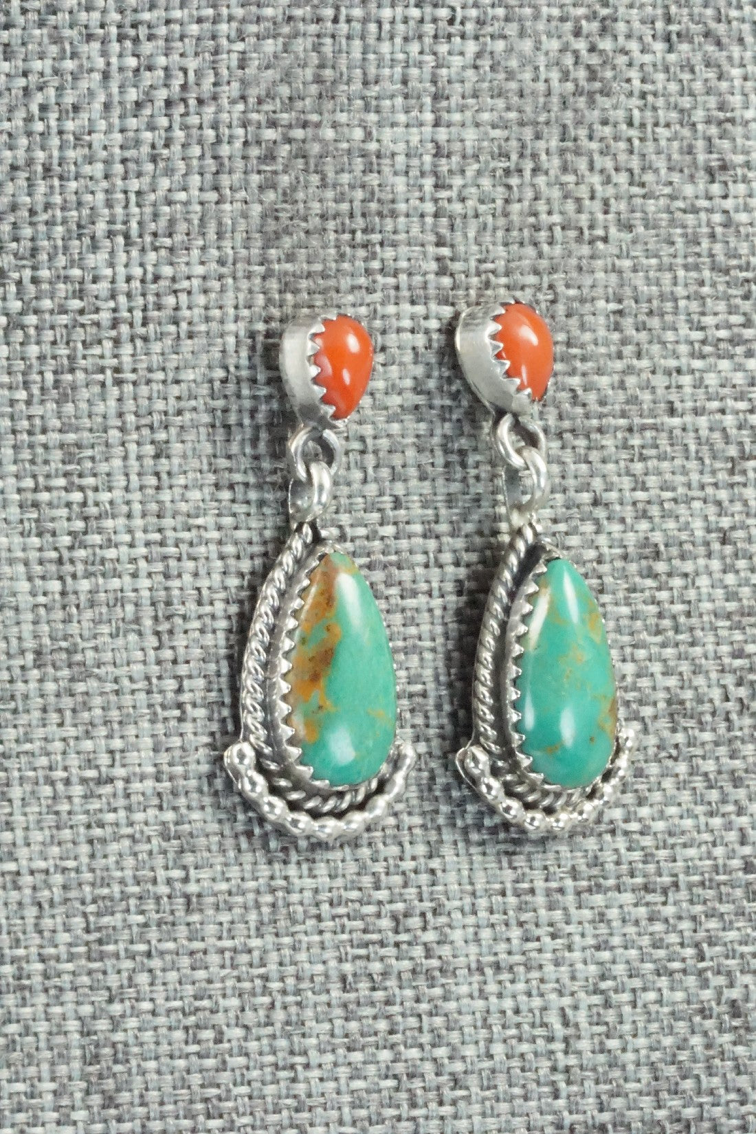 Turquoise, Coral & Sterling Silver Earrings - Verley Betone