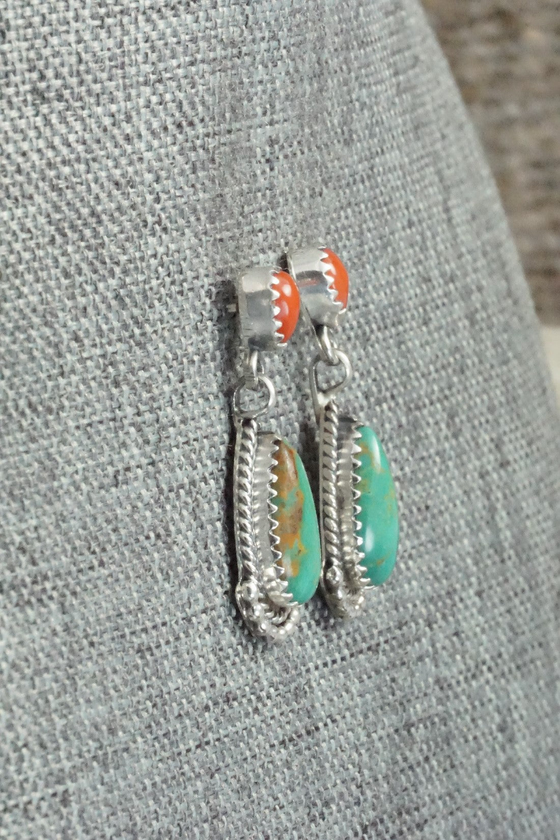 Turquoise, Coral & Sterling Silver Earrings - Verley Betone