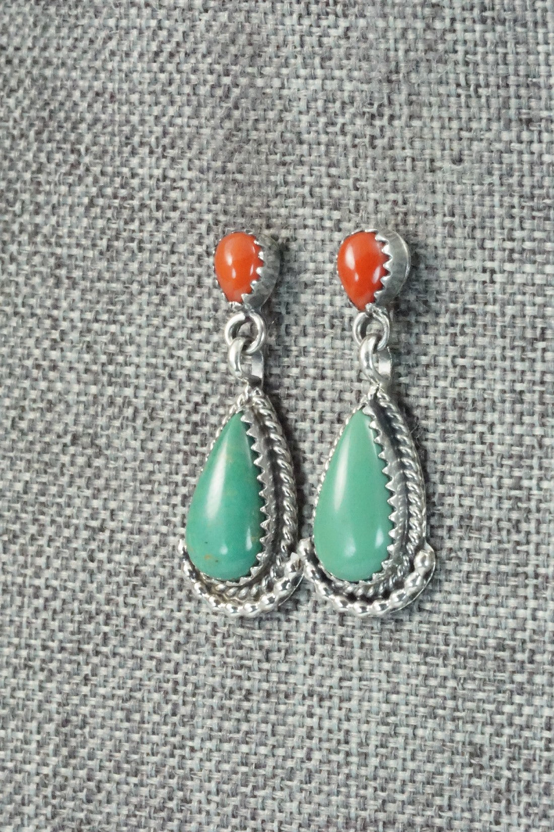 Turquoise, Coral & Sterling Silver Earrings - Verley Betone