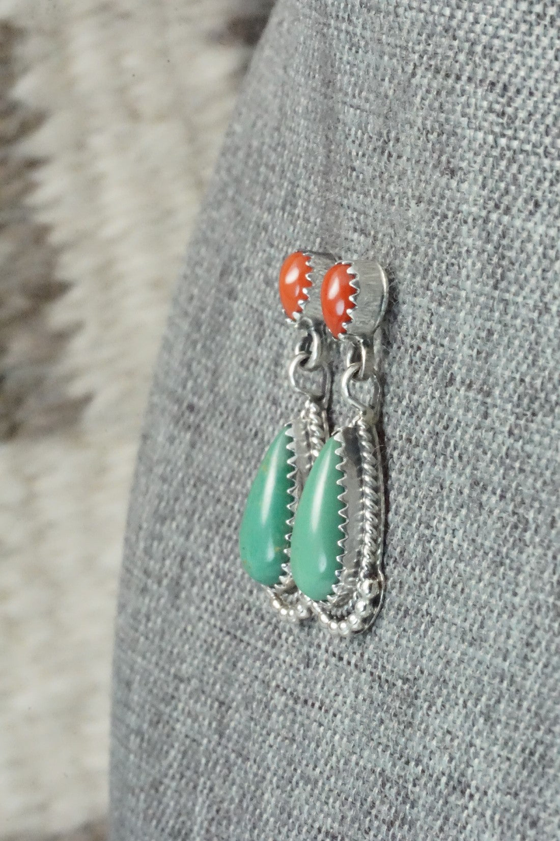 Turquoise, Coral & Sterling Silver Earrings - Verley Betone