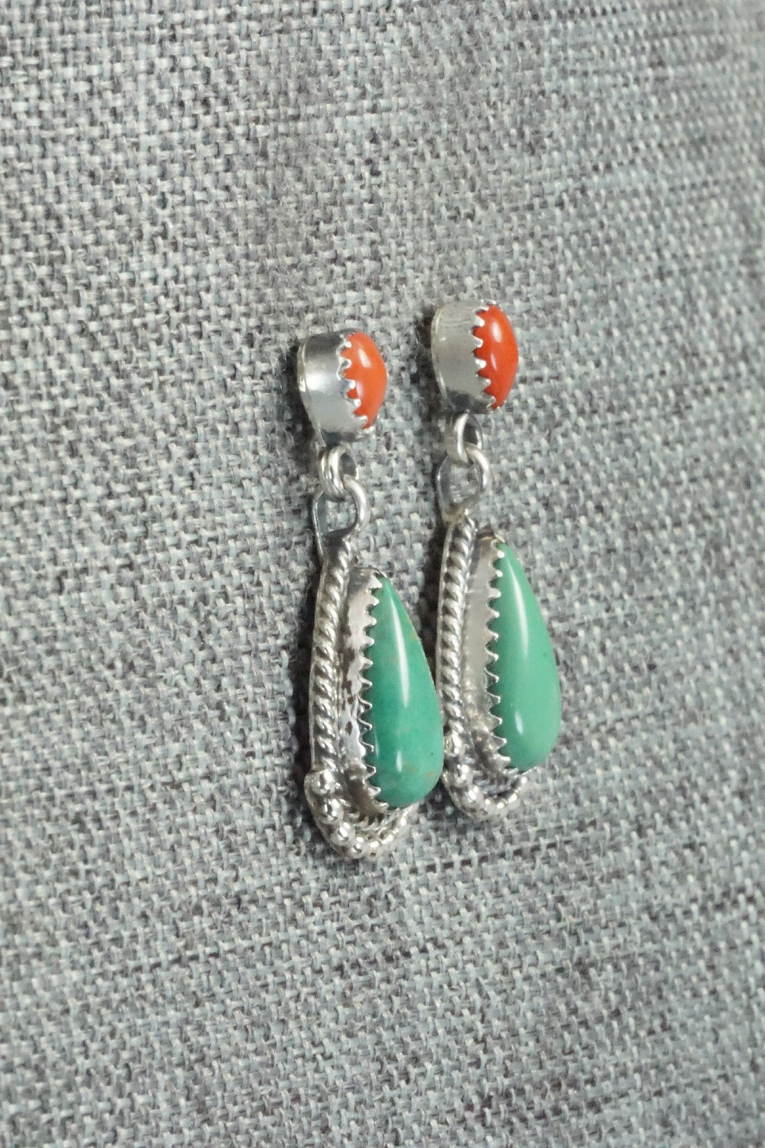 Turquoise, Coral & Sterling Silver Earrings - Verley Betone