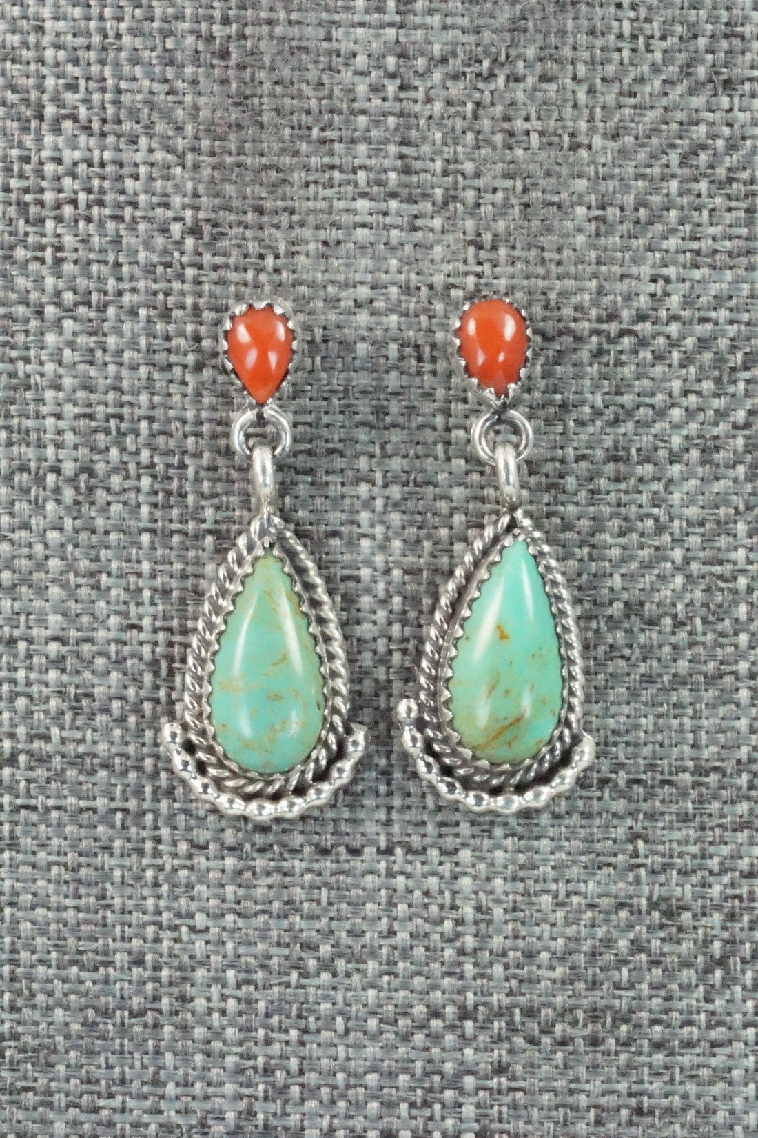 Turquoise, Coral & Sterling Silver Earrings - Verley Betone