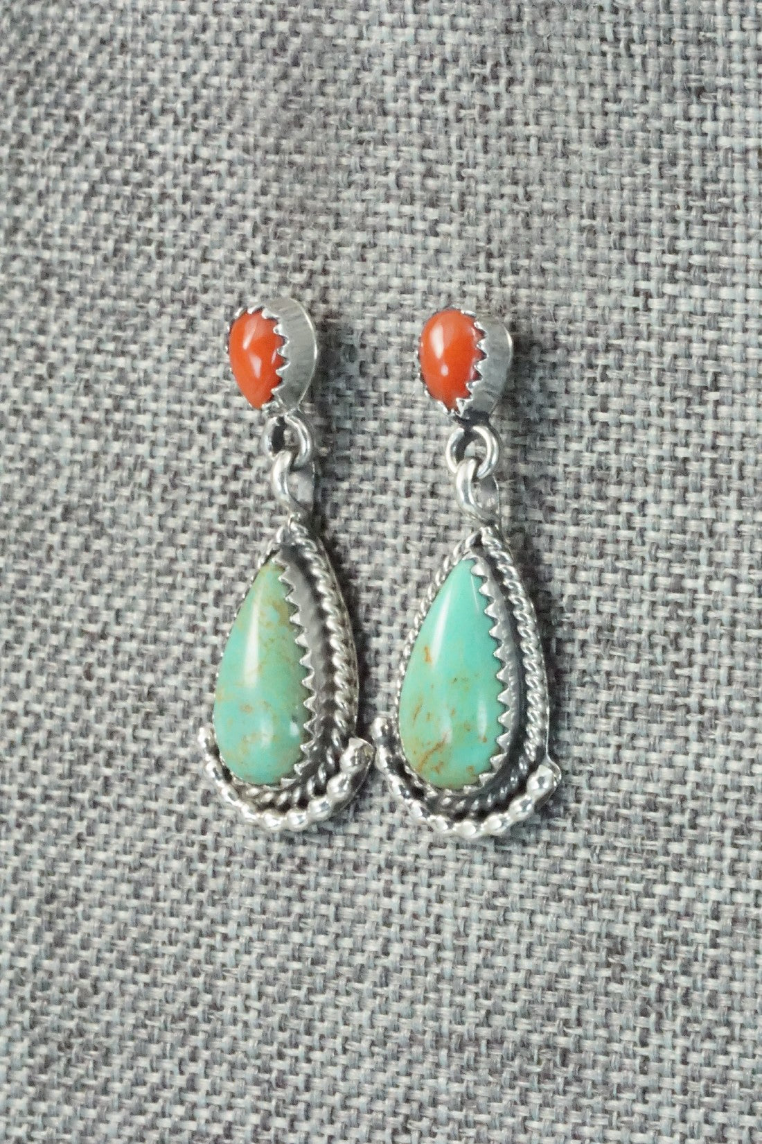Turquoise, Coral & Sterling Silver Earrings - Verley Betone