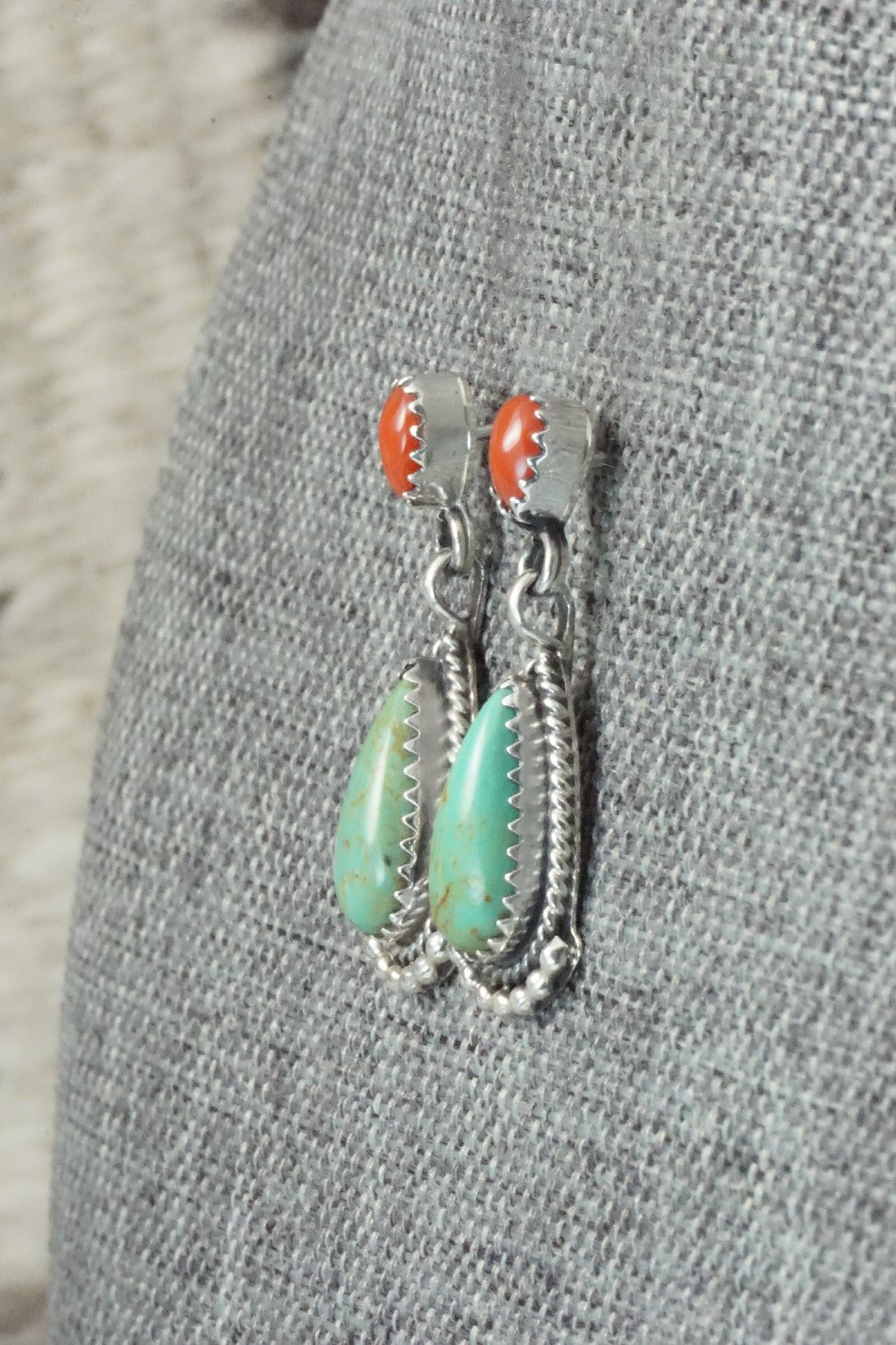 Turquoise, Coral & Sterling Silver Earrings - Verley Betone