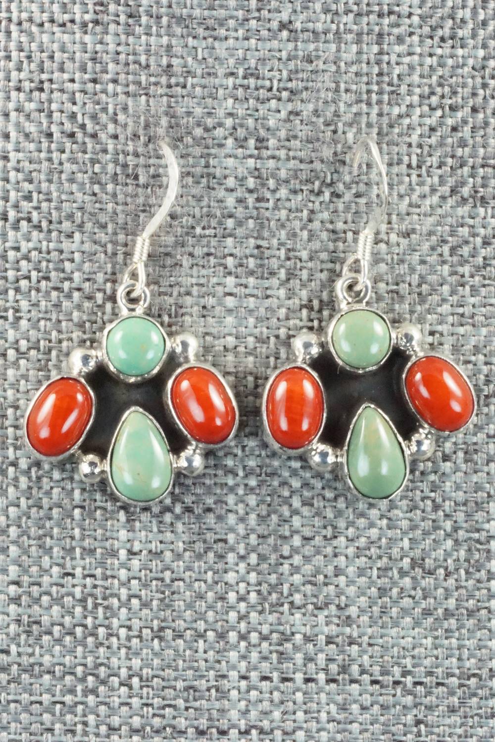 Turquoise, Spiny Oyster and Sterling Silver Earrings - Navajo