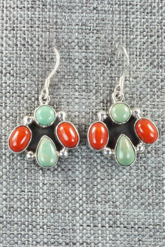 Turquoise, Spiny Oyster and Sterling Silver Earrings - Navajo